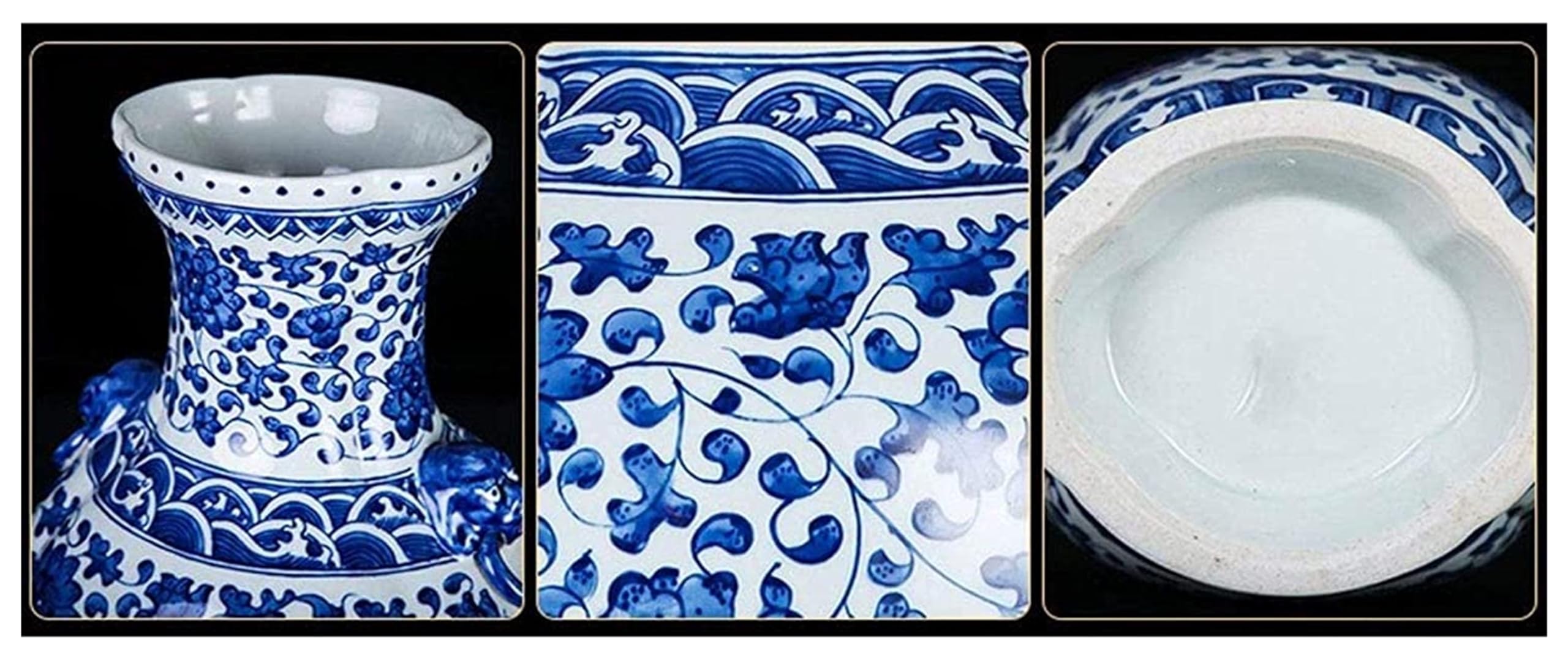 Vasen Vase aus Keramik, handgefertigt, Doppel-Löwenohr, Flasche, blaues und weißes Muster, Schlafzimmer, Büro-Accessoires