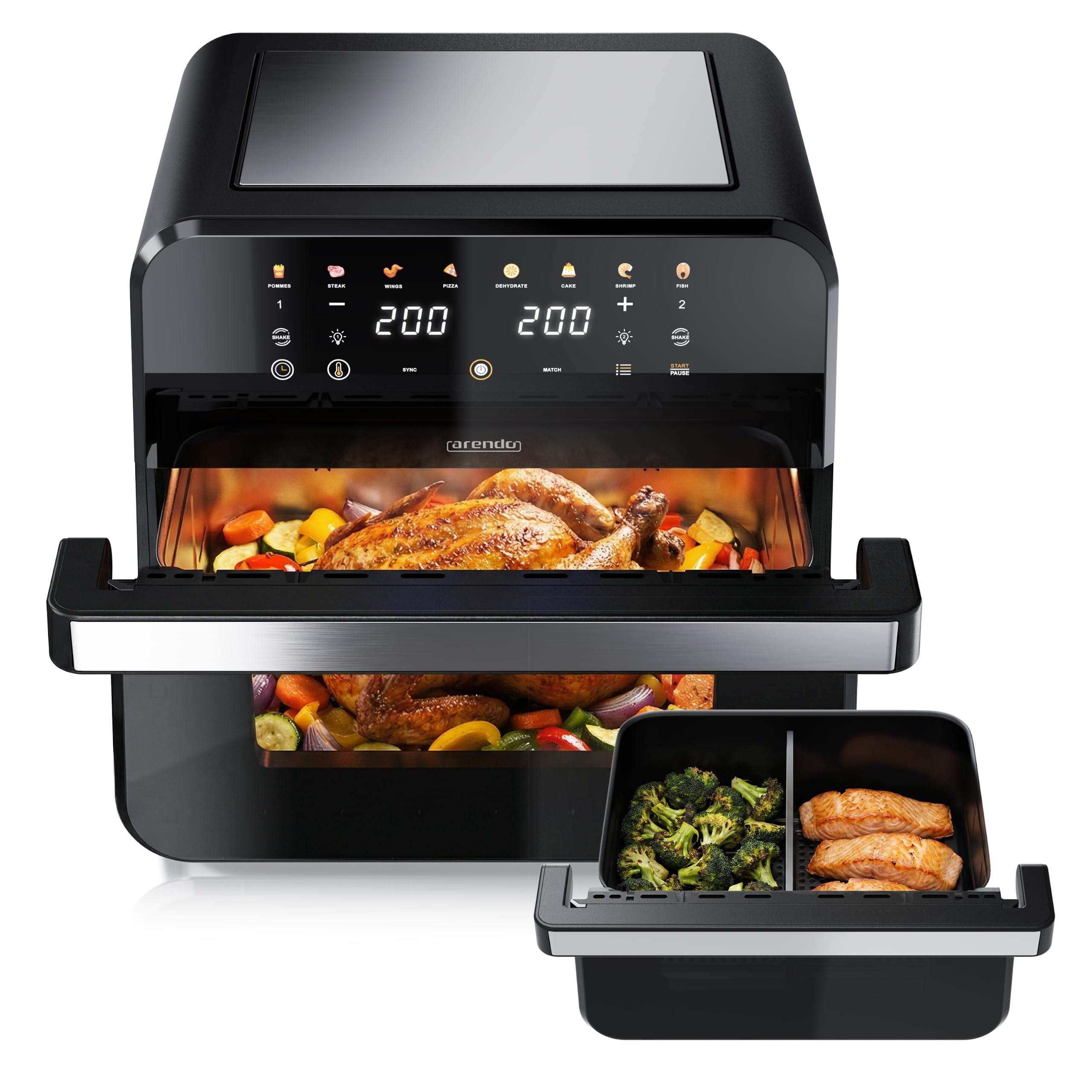 Arendo - Heißluftfritteuse XXL 12 Liter - 2 Kammern / 1 Kammer Match Funktion - extra Groß - Backofen Umluft - Grill - Dörrautomat - Air Fryer - Fritteuse ohne Öl - Pizza Hähnchen Pommes