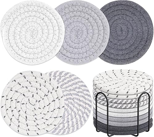 Billbotk 10 posavasos absorbentes de bebidas, posavasos de 5 colores con soporte, juego de posavasos tejidos para mesa de café, decoración de mesa