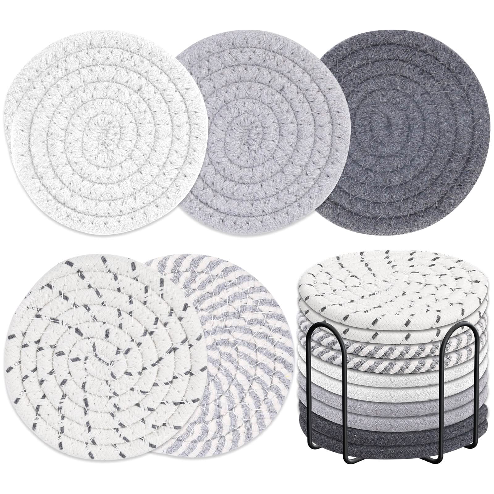 10 posavasos absorbentes de bebidas, posavasos de 5 colores con soporte, juego de posavasos tejidos para mesa de café, decoración de mesa de madera, decoración del hogar, 4.3 pulgadas
