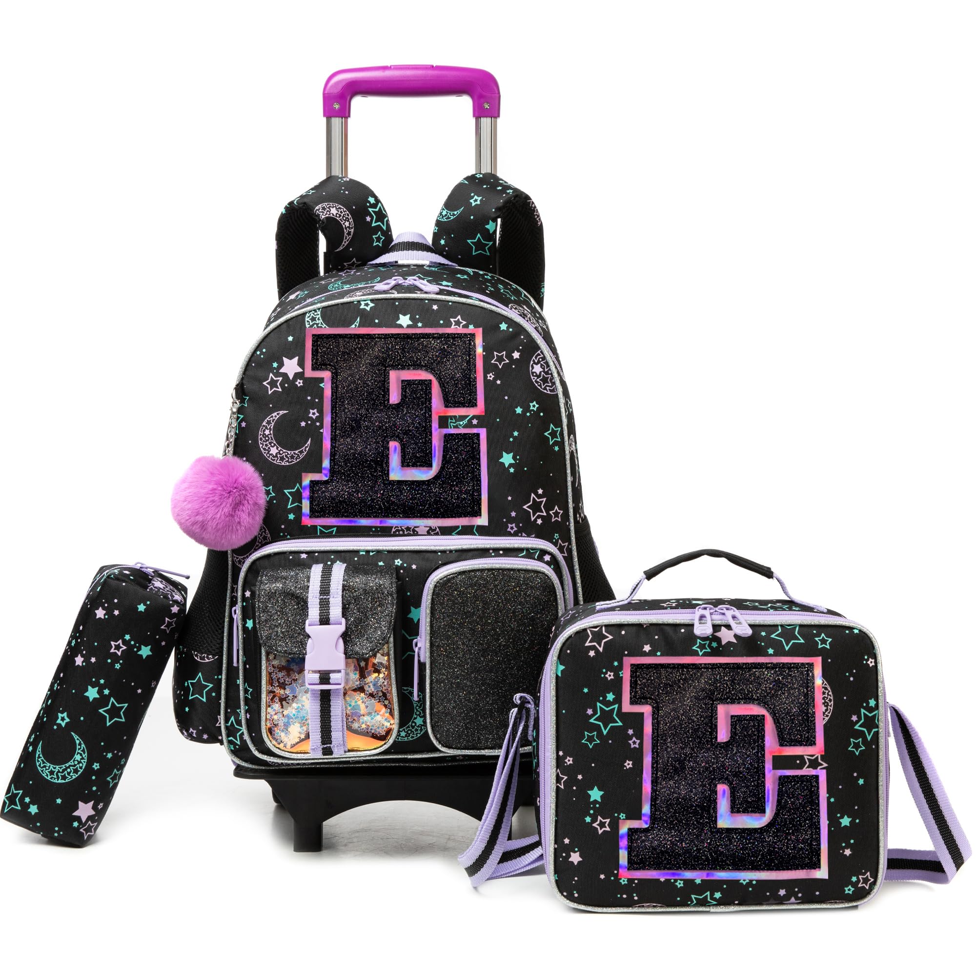 Cute Rolling Backpack with Wheel,School Backpack for Kids Girl Roller Schoolbag Wheeled Backpacks Set Carry-on Luggage,Black E