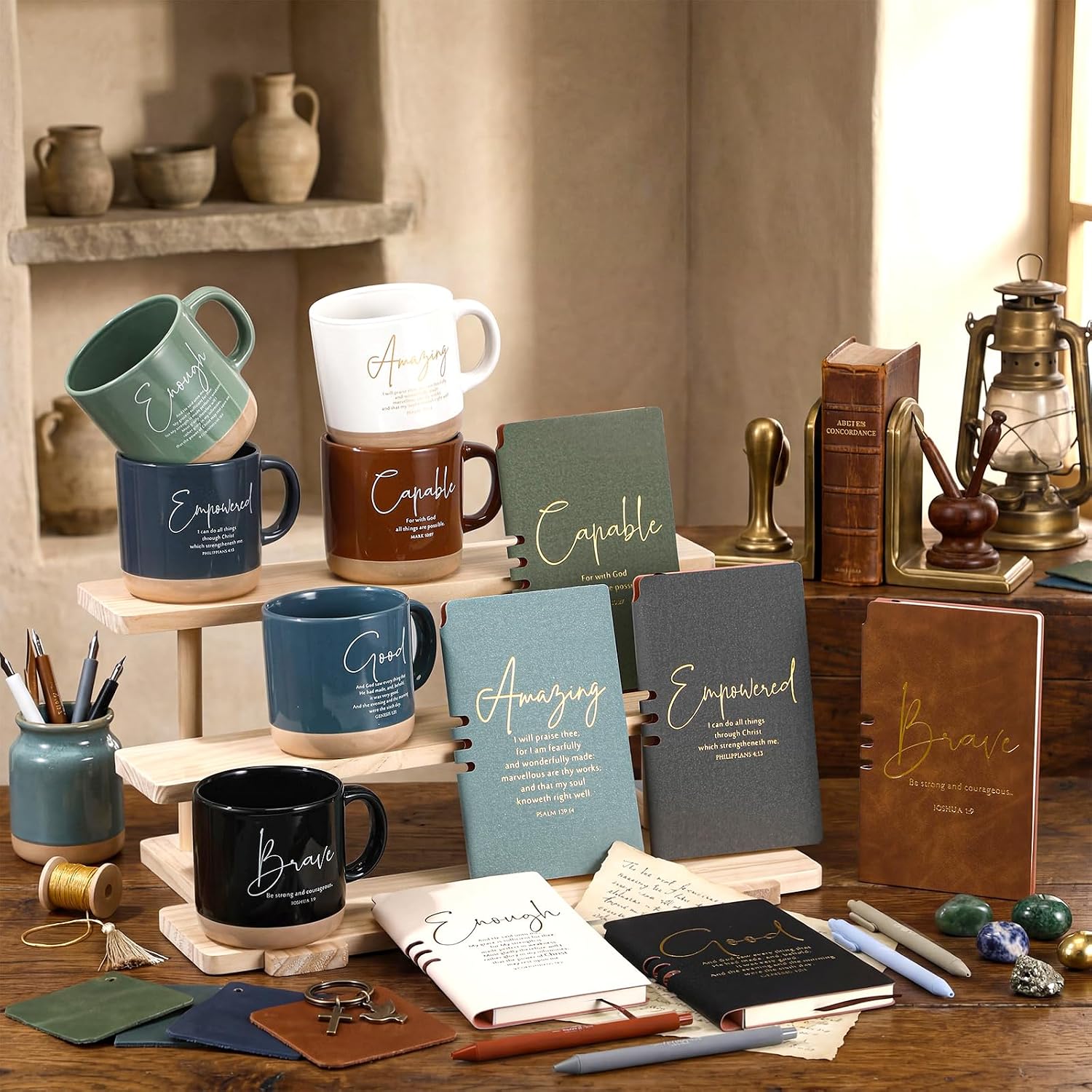 Didaey 6 Sets Mother's Day Christian Church Gift for Women Men Bulk Christian Coffee Mug 13 oz Ceramic Bible Verse Mug Religious Prayer Notebook Gift for Sunday School Pastor Teacher (Word)