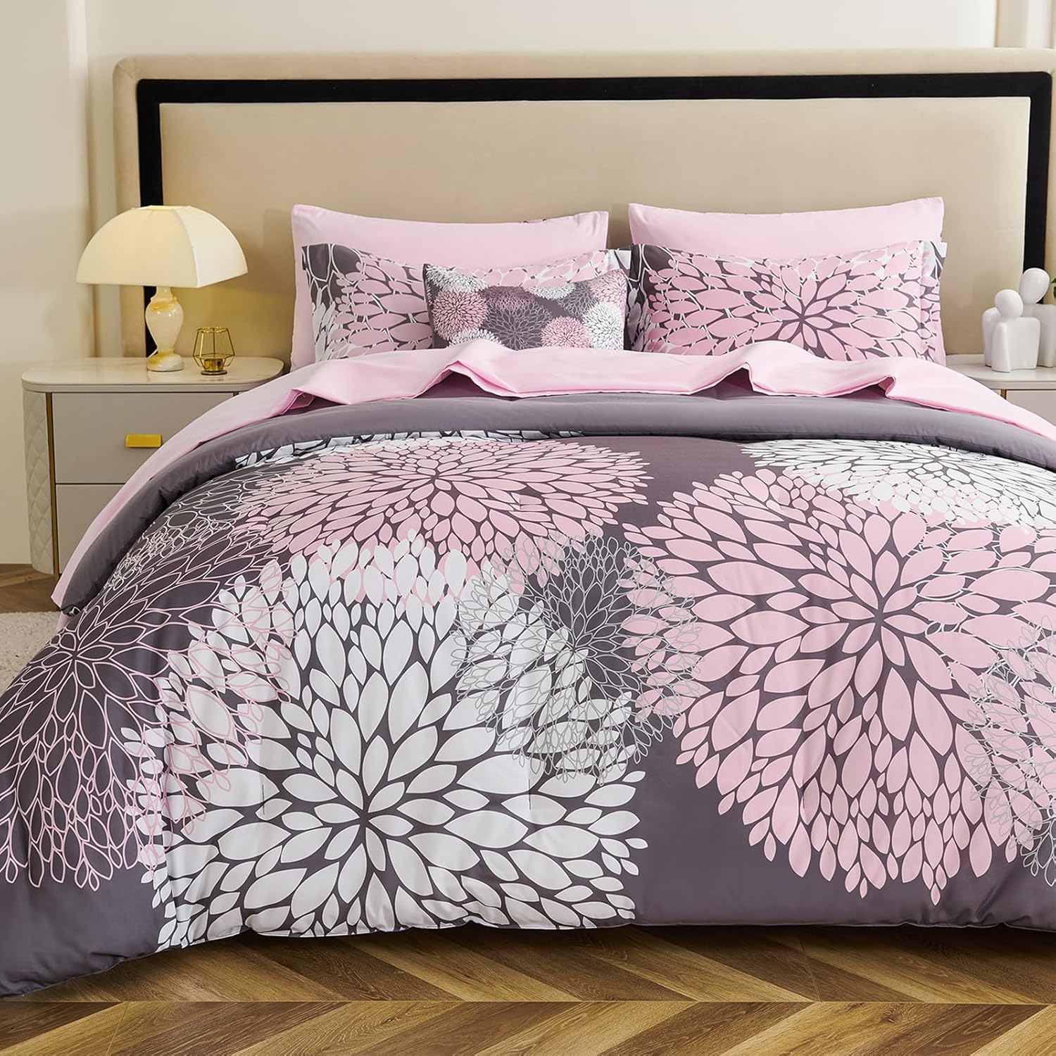 Koniroom 8-Piece Queen Comforter Set - Reversible Pink and Grey Floral Bed in a Bag with Sheets, Pillowcases, Shams, and Decorative Pillow Cover