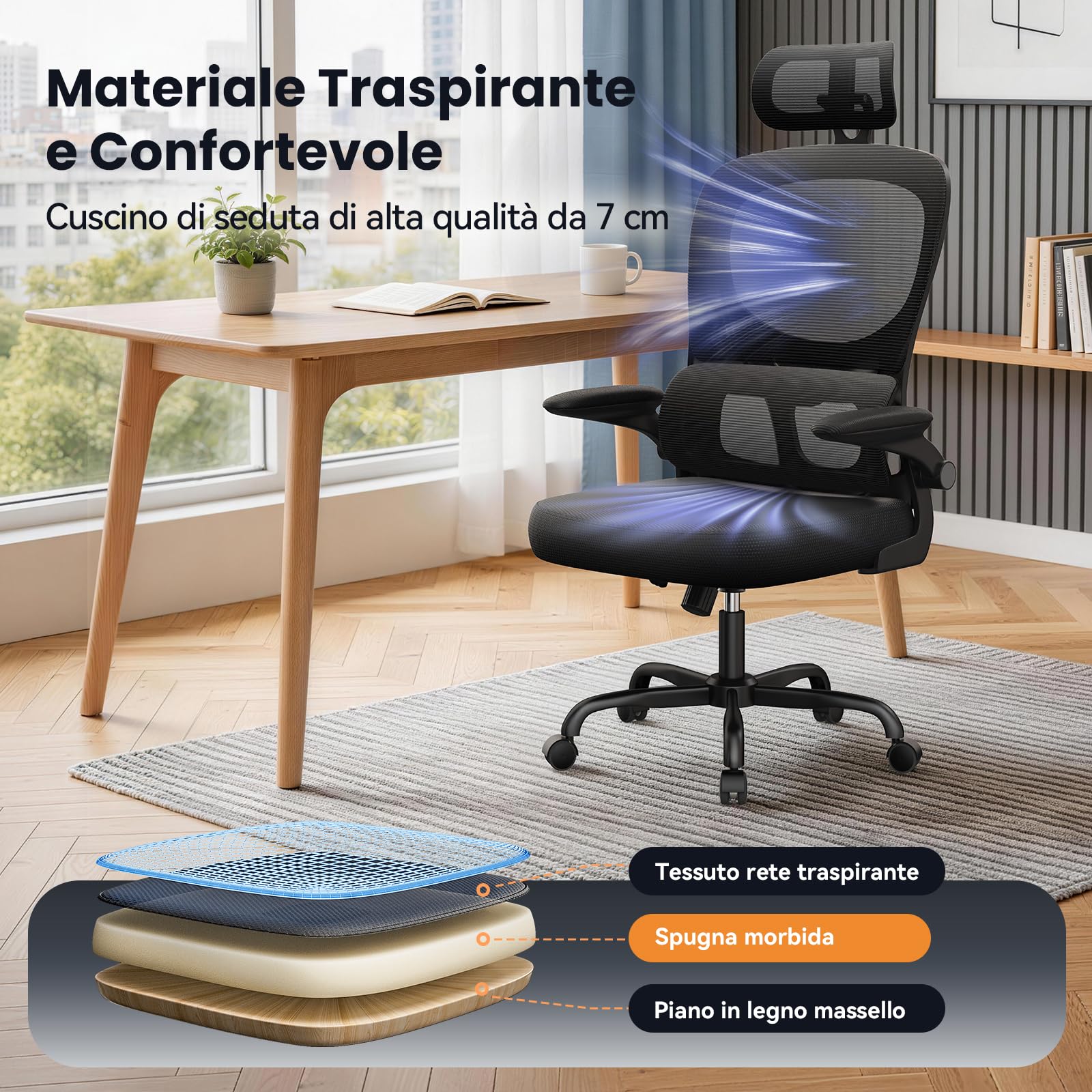 naspaluro Sedia Ufficio Ergonomica, Sedia Scrivania Con Supporto Lombare a Forma Di C, Schienale E Poggiatesta Regolabili, Braccioli Reversibili, Sedile in Rete Traspirante per L'ufficio, Nera