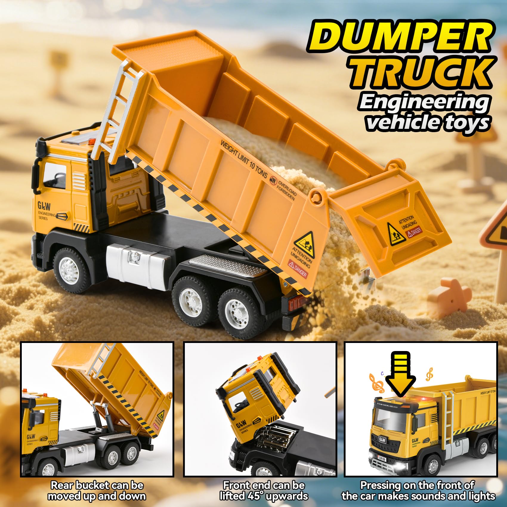 Véhicules de Chantier Enfants, 1:40 Camion Benne, Engins de Chantier Jouet avec Lumière et Son, Voiture Jeux Construction, Jouet Enfant 3 4 5 6 Ans Garcon