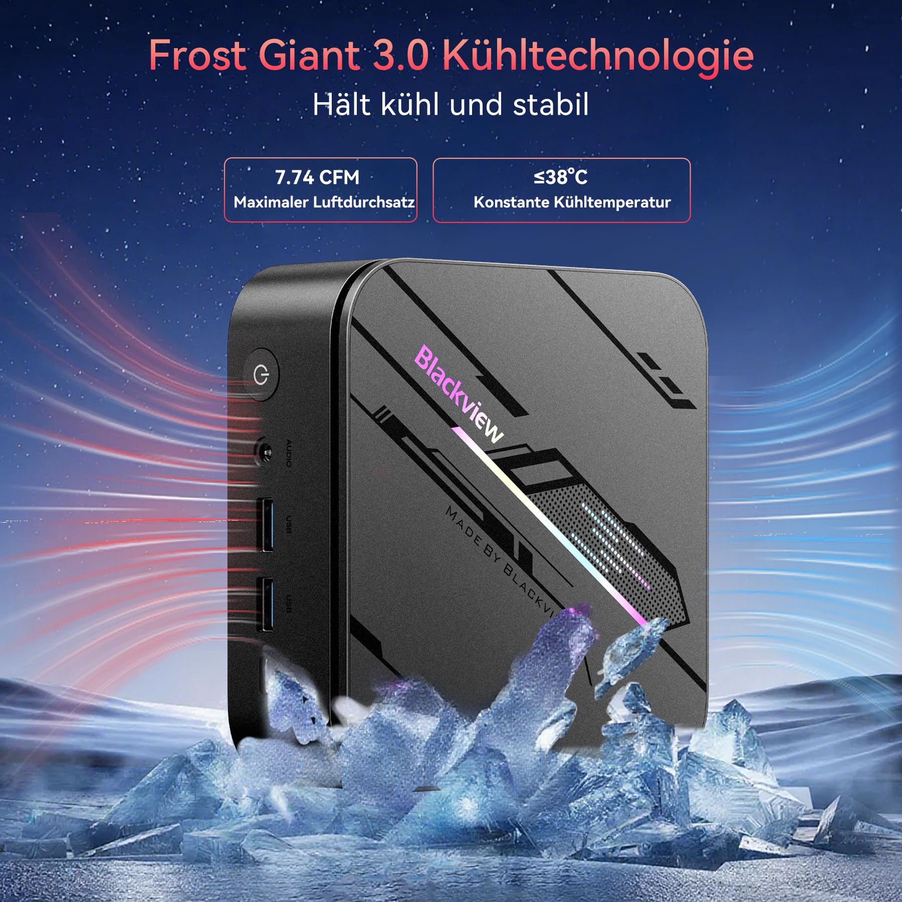 Blackview MP100 Pro Mini PC 2026, AMD Ryzen 7430U, 16GB RAM 512GB SSD, Win 11 Pro Mini Computer, RGB Beleuchtung, Frost Giant 3.0 Kühlung, WiFi 6, Triple Display, DP 4K144Hz, VESA, 3 Jahre Support