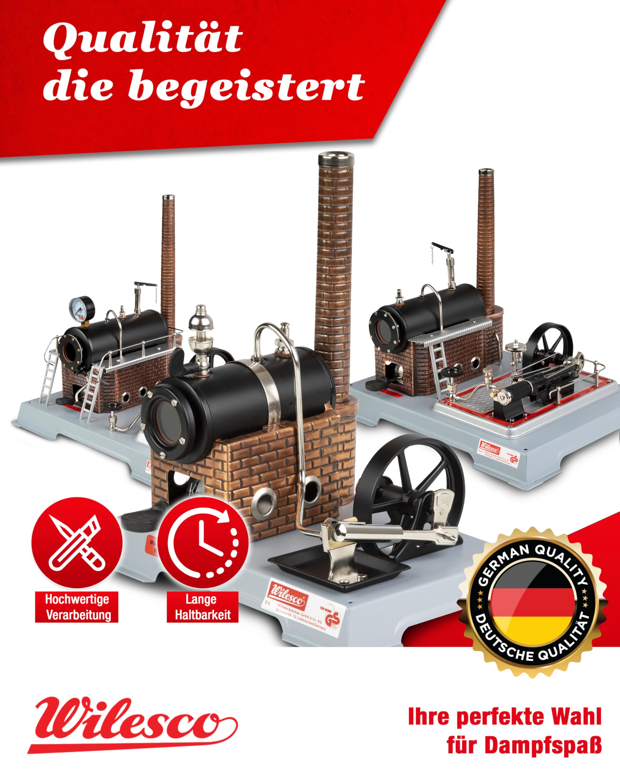 Wilesco Dampfmaschine D6 - Klassisches Design für Kinder ab 8+ Jahren und Technikbegeisterte, mit hochglanzpolierten und vernickelten Messingteilen, umfangreichem Zubehör