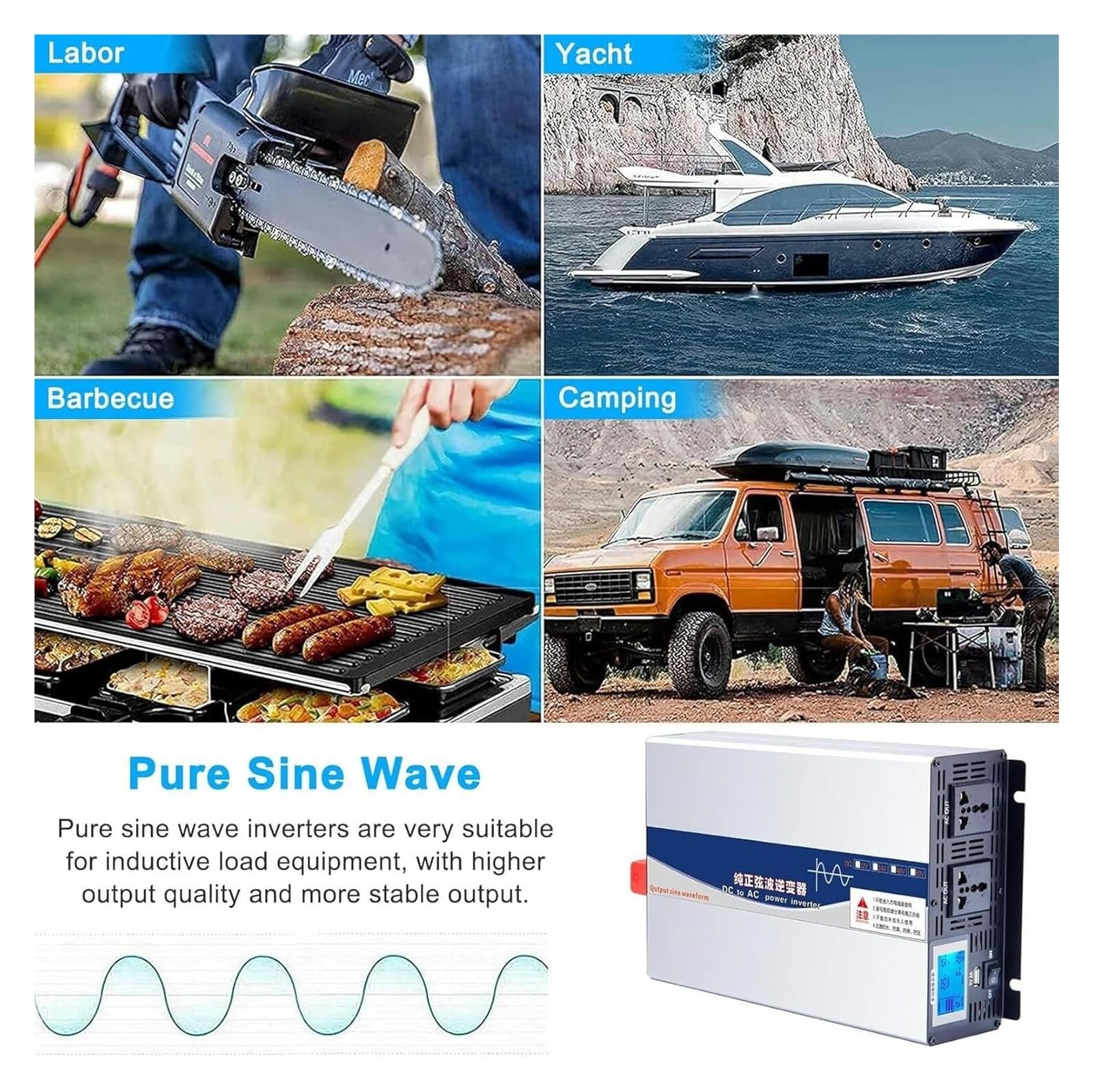 Czysty konwerter napięcia Sinus, 12V/24V/48V/60V na AC 110 V 220 V 230 V 240V, przetwornica mocy z wyświetlaczem LCD (12 V do 110 V)