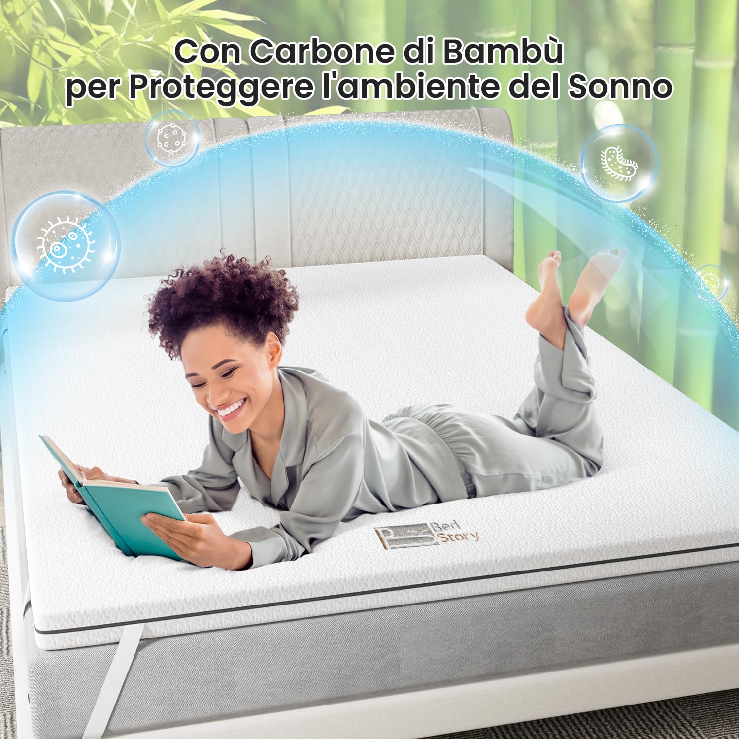 BedStory 6CM Topper Singolo 80x190cm,Topper Memory Foam Singolo con infuso di Carbone di Bambù, Coprimaterasso con rivestimento rimovibile e lavabile, Correttore Materasso antiacaro