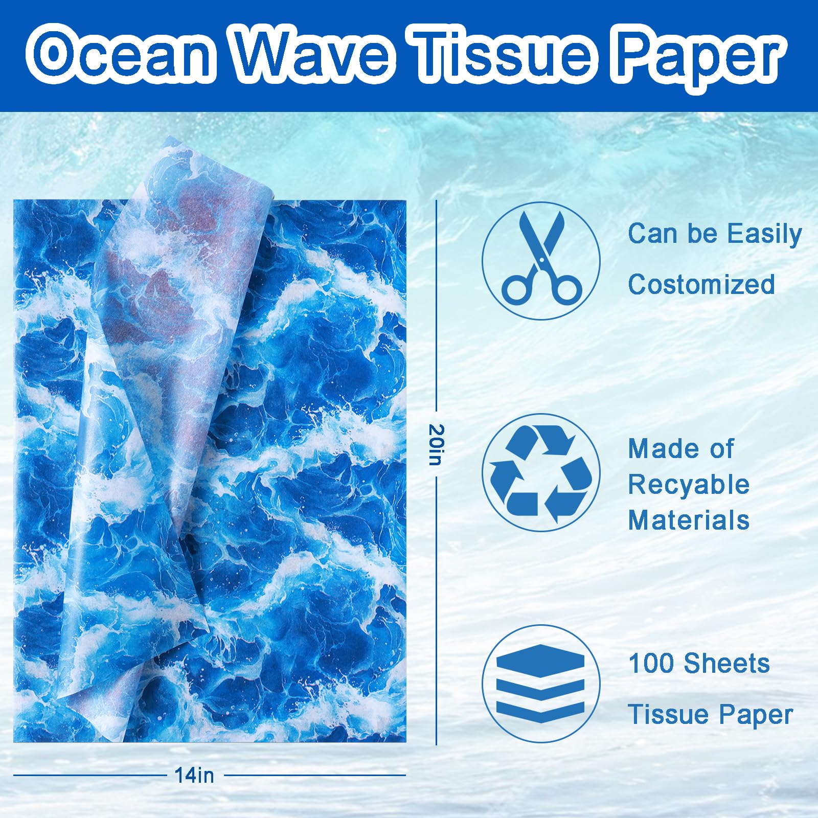 100 Sheet Ocean Wave Tissue Paper, 20x14 inch Blue Sea Waves Wrapping Seamless Print Waves Tissue Paper for Beach Pool Birthday Summer Ocean Theme Party