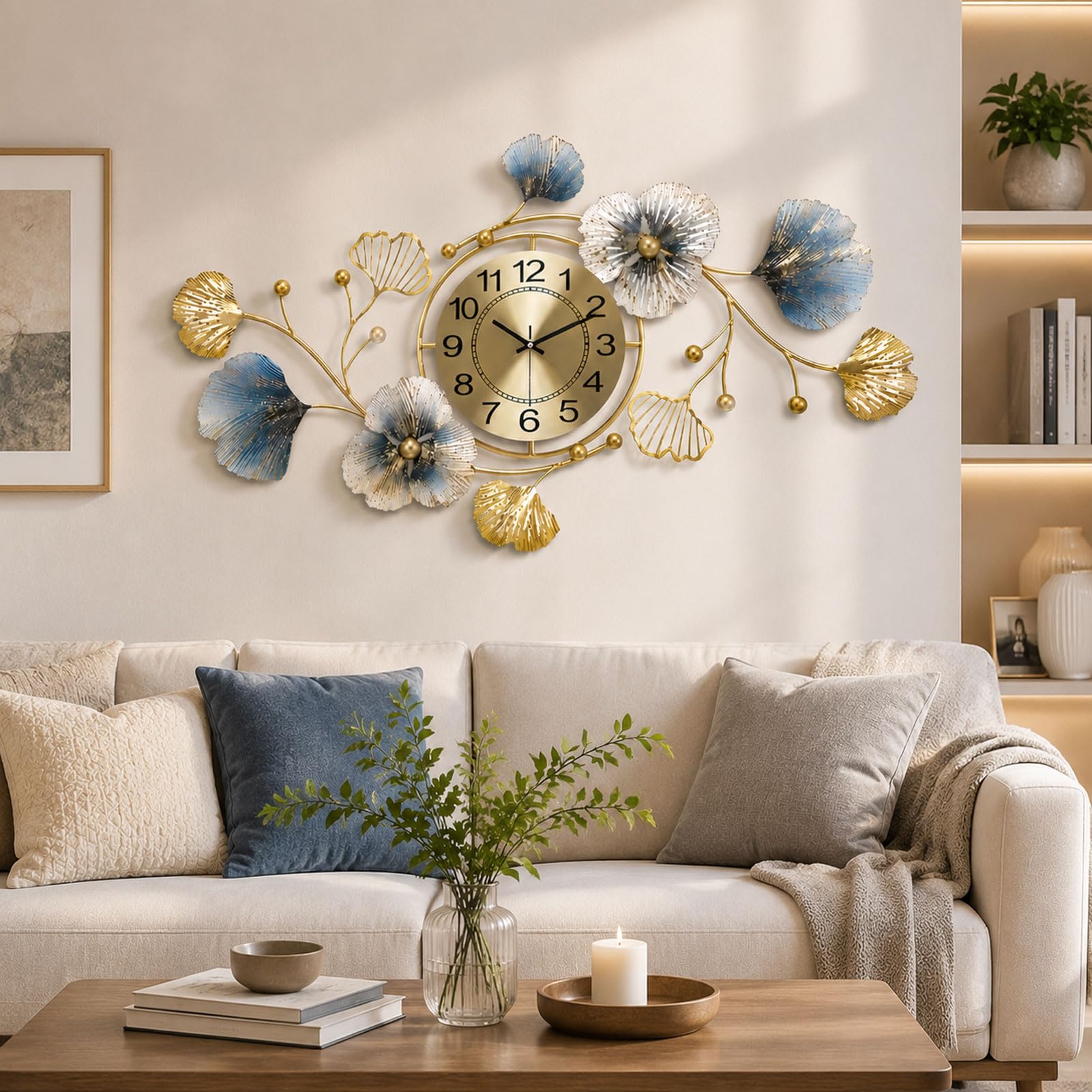 Relojes de Pared Muy Grandes Reloj de Pared Moderno y Elegante | Reloj de pared de metal Hoja de ginkgo de metal decorativo Estilo de diseño Cocinas Salas de Habitaciones Oro,S