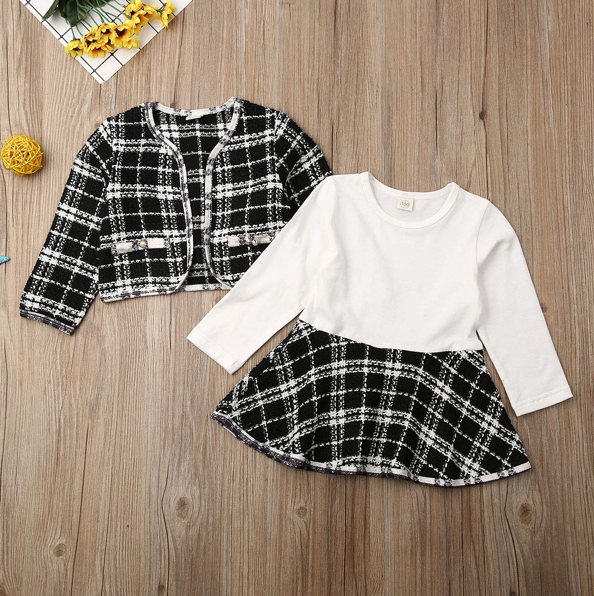 LXXIASHI 2PCS Infant Baby Girl Long Sleeve Cardigan + Long Sleeve Patchwork Dress Plaid Clothes Set (Black White, 6-12M)