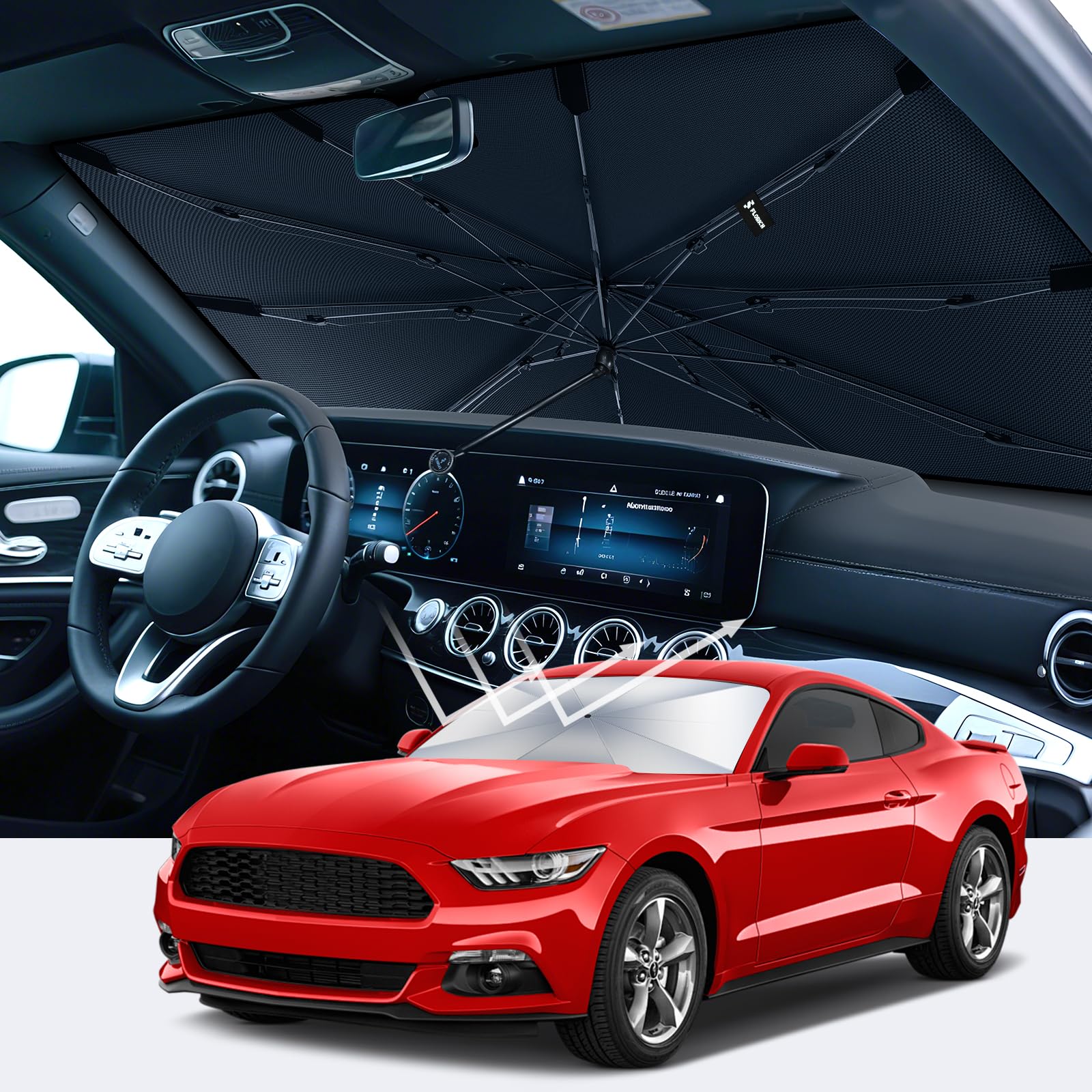 Photo 1 of [2026 Upgrade] FLORICH Windshield Sunshade Umbrella Foldable Car Windshield Sun Shade Cover, [Nano-Ice-Crystal Coatings] Protect Interior from from UV Keep Car Cooler Medium(57" L x 32" W)