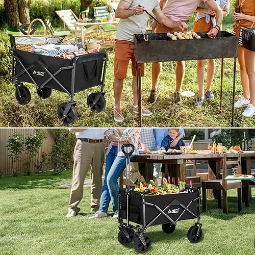 Miniatura 7 de Carro plegable plegable, carrito de jardín utilitario con dos soportes para bebidas, carro plegable portátil con ruedas todo terreno y asa ajustable