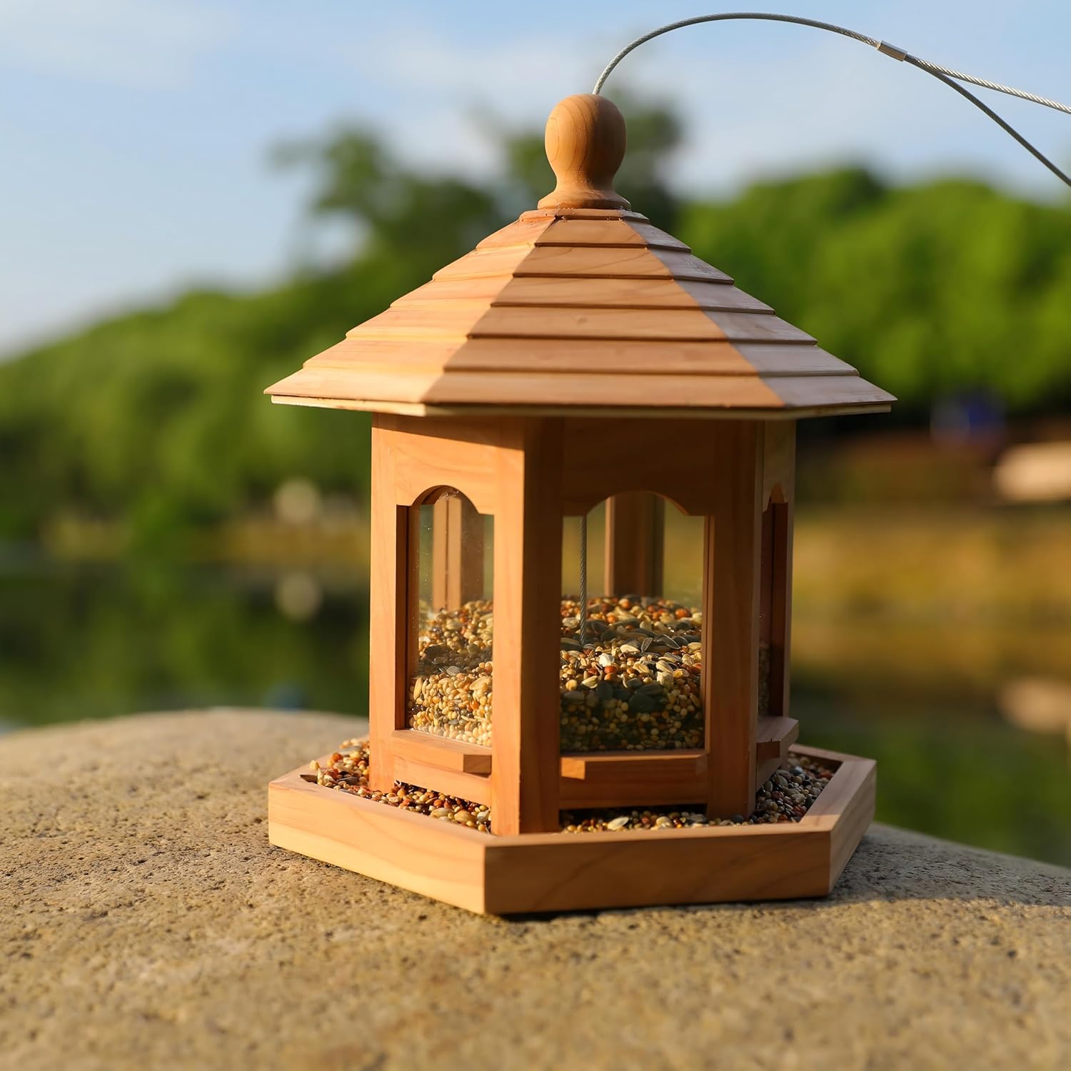 Wooden Bird Feeder for Outdoors Hanging, Red Cedar Hexagon Shaped Large Capacity, Cardinal Birdfeeder for Garden Decoration Yard, Weatherproof and Durable(Medium)