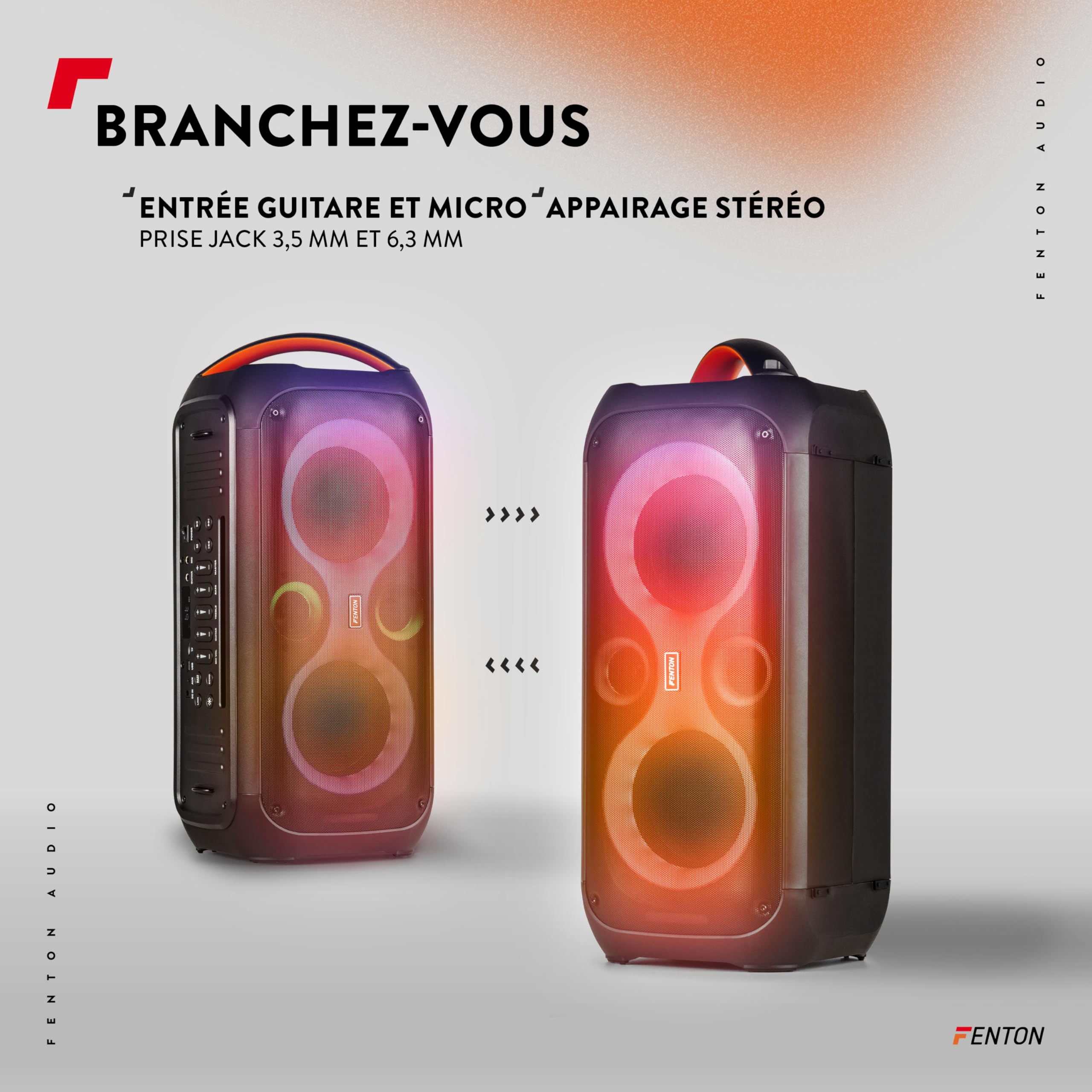 Fenton Core120 Enceinte Sono Portable Lumineuse avec Bandoulière - 180 Watts, Autonomie 12H, Facile à Transporter, Micro & Télécommande Inclus, Idéale pour Toutes Vos Soirées Extérieures