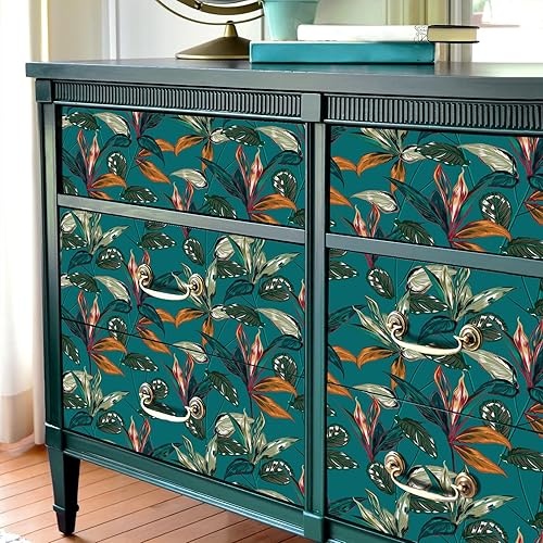 Miniatura 2 de VaryPaper Papel tapiz exótico de 17.7 x 315 pulgadas, papel tapiz de hojas azul verde azulado exótico para despegar y pegar, papel tapiz de pared