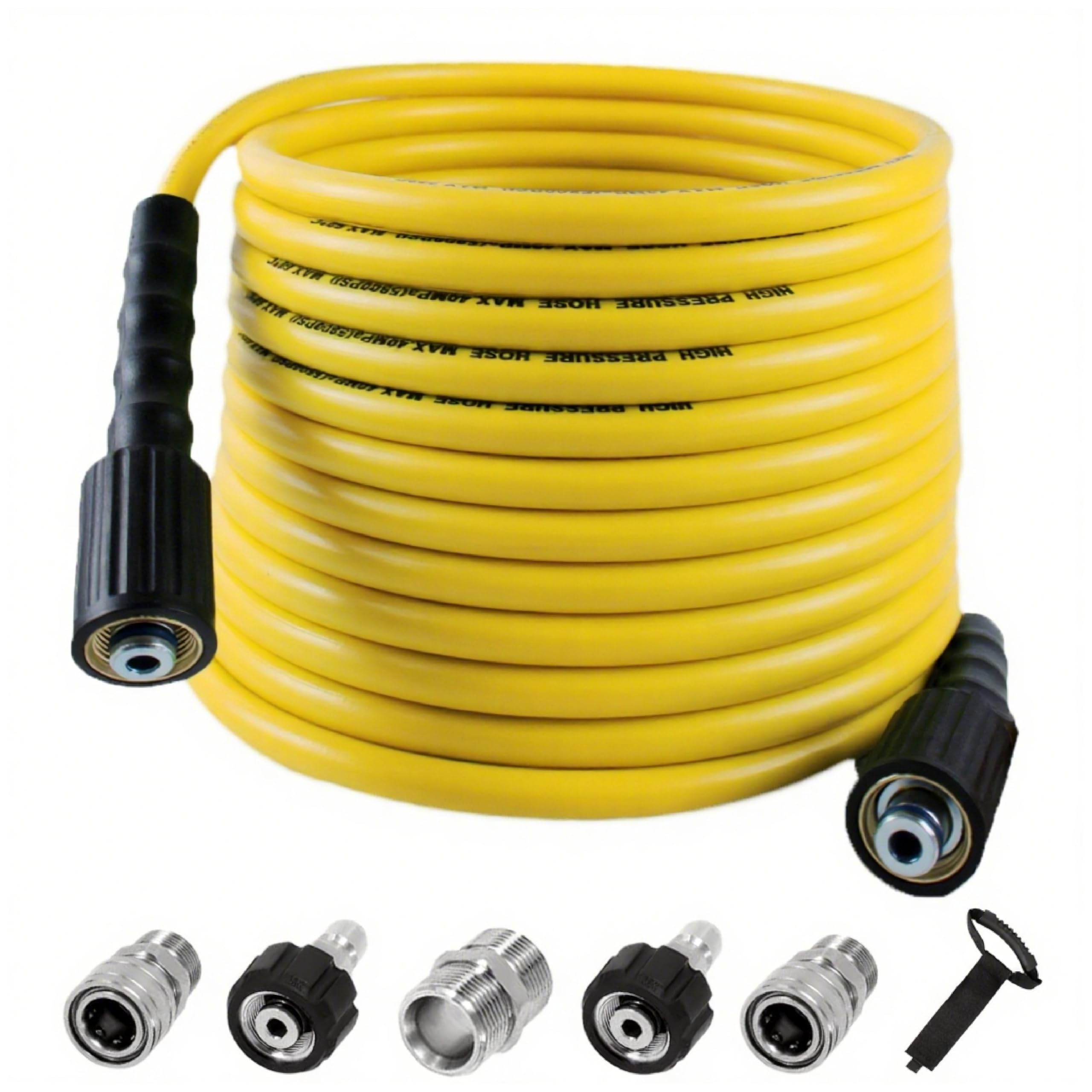 pressure washer hose for power washer, 5800 psi kink resistant pressure washing extension hose 50ft, 1/4" power washer hose replacement (m22-14mm) with 3/8" quick connector, yellow