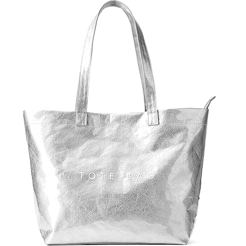 KALIDI PVC Zipper Tote Bag, Kraft Paper Beach Bag Large Hobo Carry All Travel Shopping Handbag Plastic Shoulder Bag