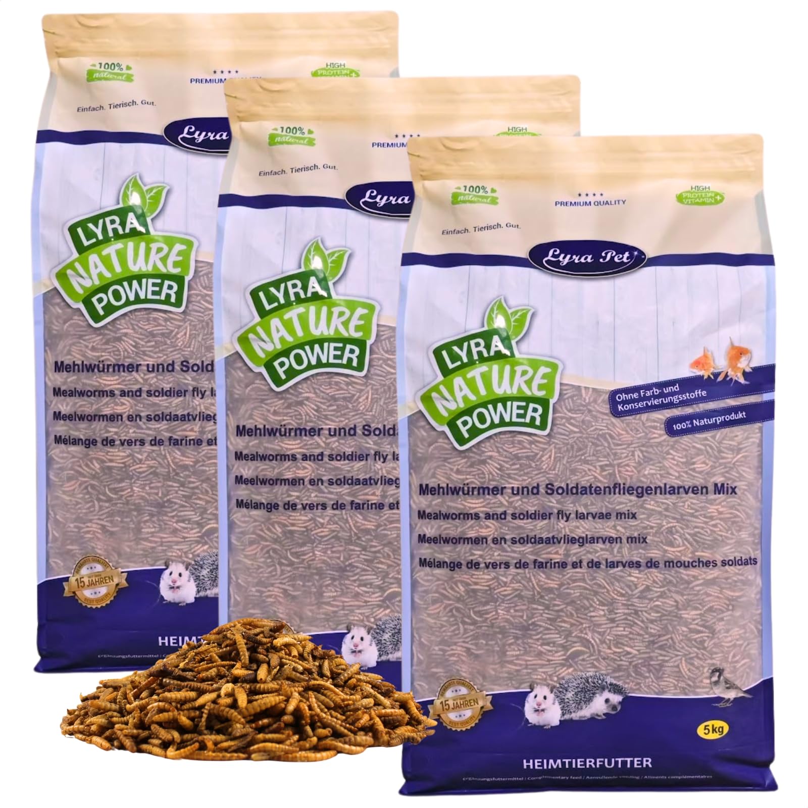 Lyra Pet® 15 kg Mehlwürmer Soldatenfliegenlarven Mix getrocknet | Reich an Proteinen & Ballaststoffen - Ideales Kalzium-Phoshor-Verhältnis - Natürliches Futter für Vögel, Nage & Reptilien