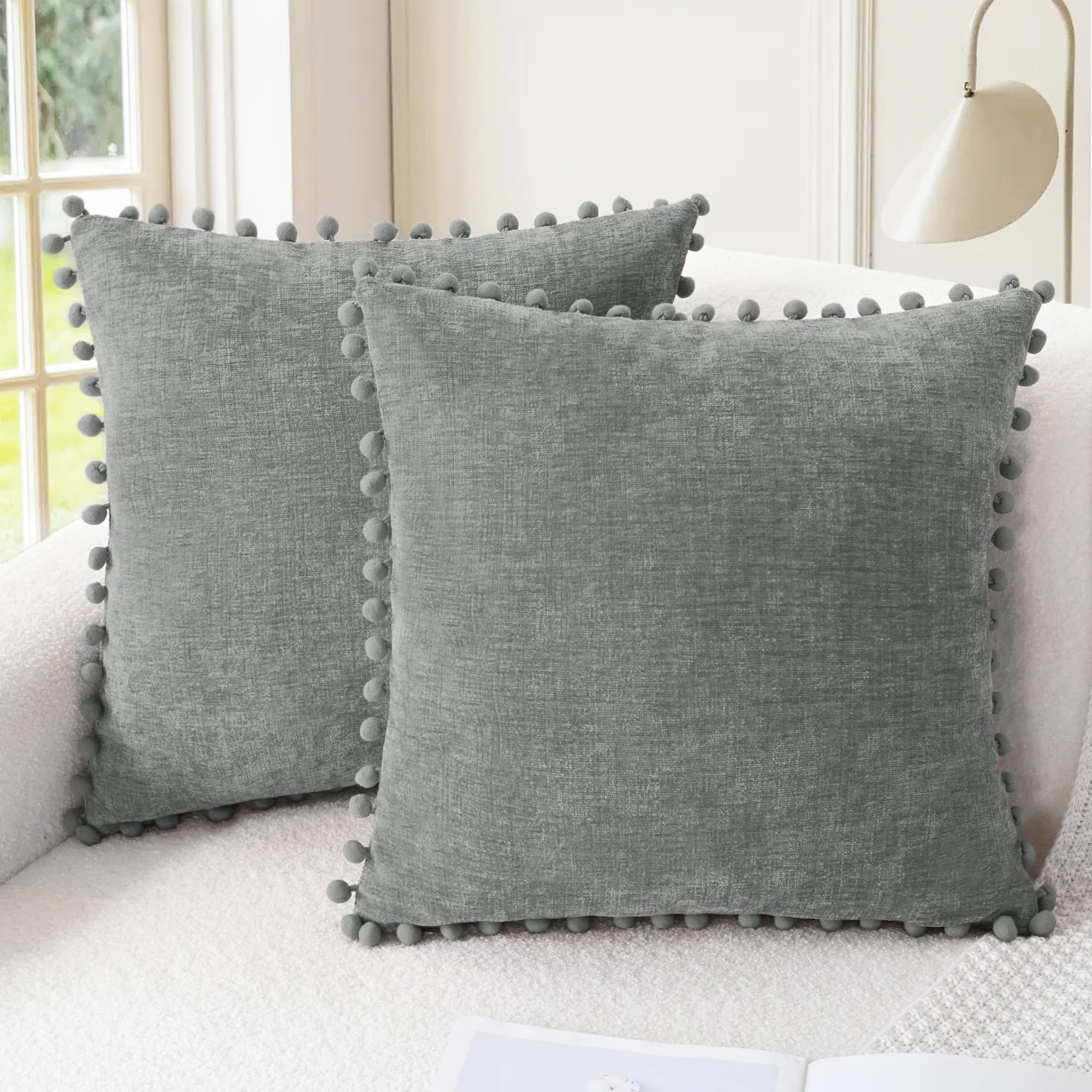 CaliTime Cushion Covers Pack of 2 Cuddly Dyed Soft Chenille Cushion Covers with Pom Poms for Couch Sofa Decoration 45 cm x 45 cm Medium Grey Medium โ image 1