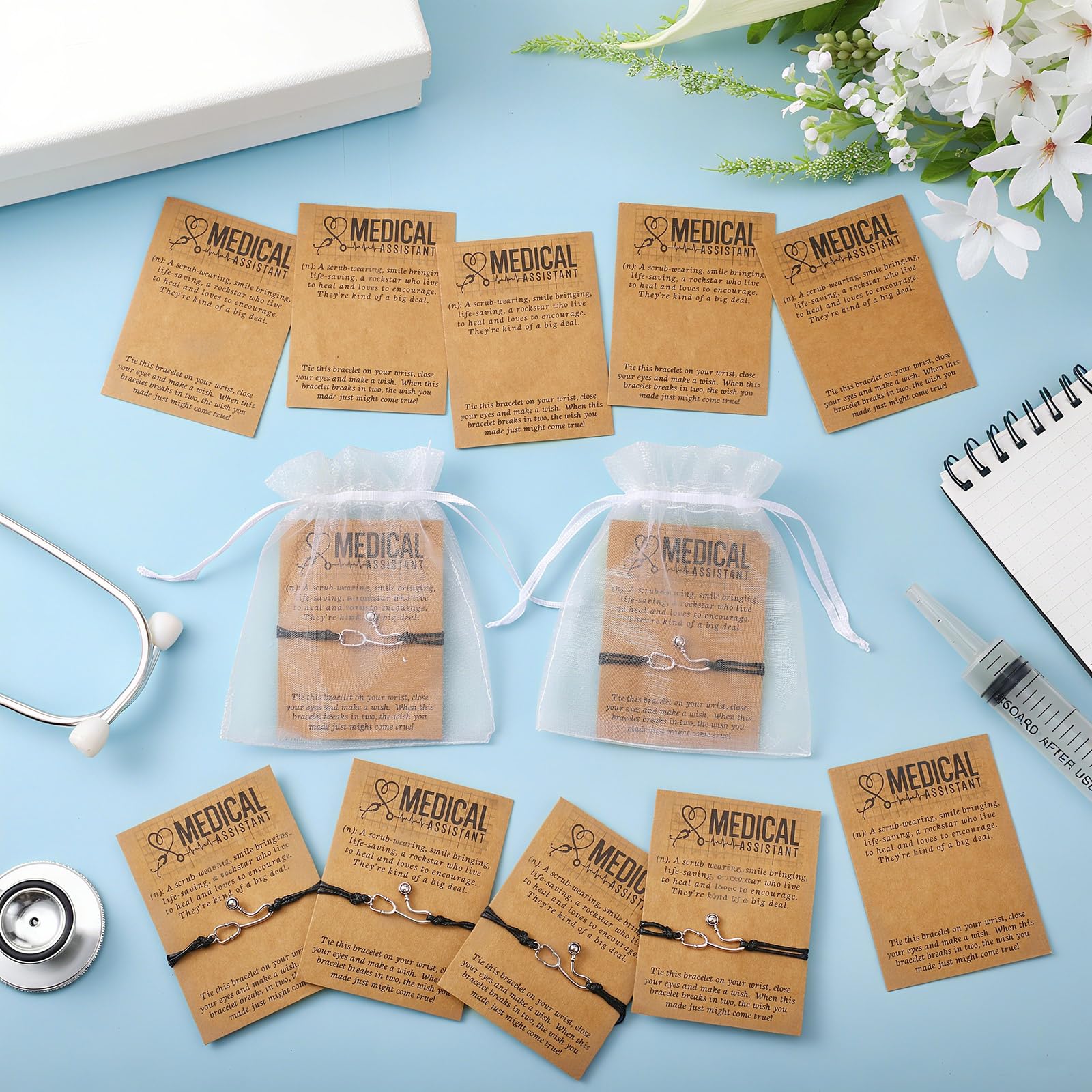 Equsion 24 Set Medical Assistant Bracelet Gifts with Blessing Card and Bag for Medical Assistant Students Practitioner Ma Rn Assist Healthcare Work Cna Week Nurse Day Birthday Party Favor Gifts
