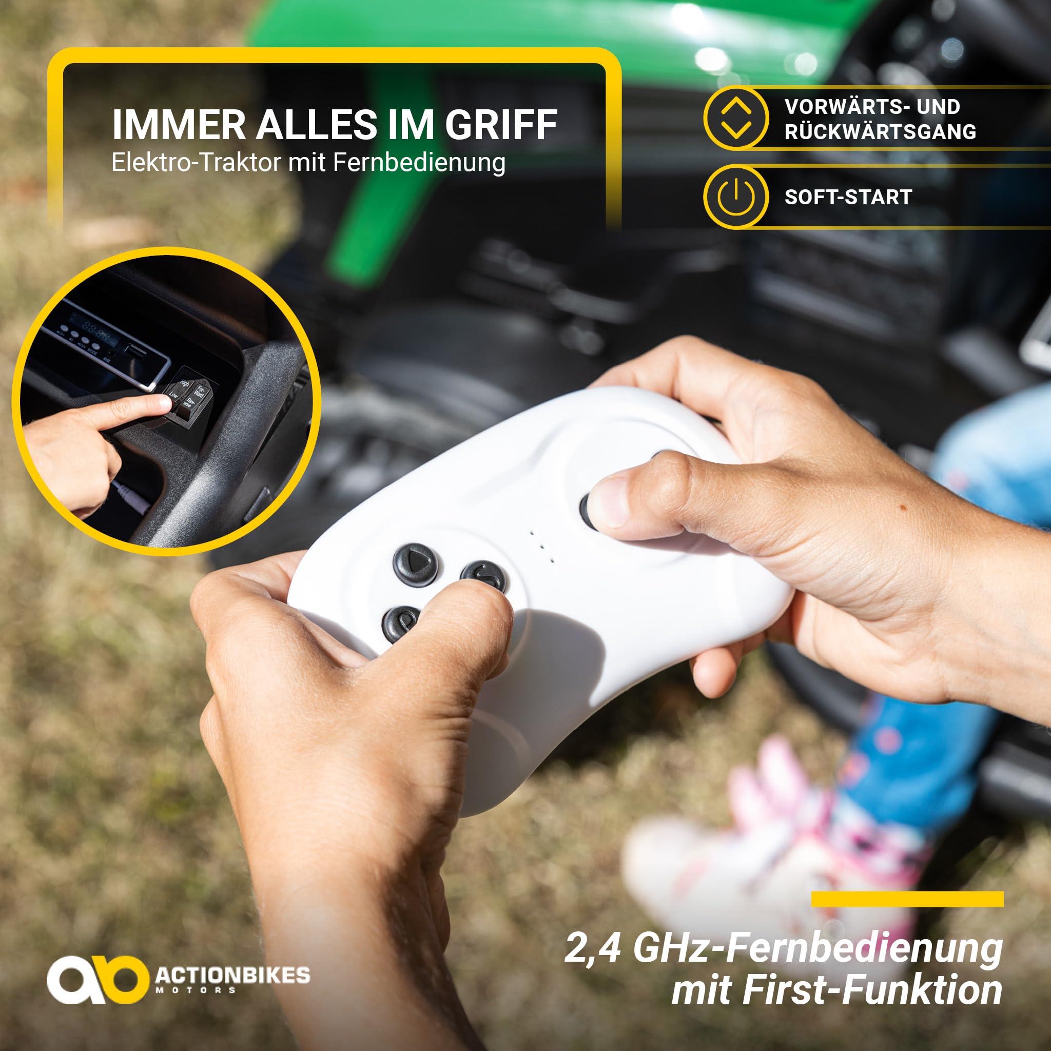 Actionbikes Motors Kinder Elektroauto TD925 | Fernbedienung mit First Funktion - Kinderauto elektrisch - Traktor mit Anhänger - Bulldog - Kindertraktor - Elektro Traktor ab 3 Jahre (Grün/Schwarz)