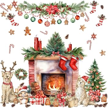 Merry Christmas Wall Stickers - Fireplace & Pine Tree Decals for Wall - Removable Winter Animals Wall Art for Christmas Party Supplies & Living Room Home Decor