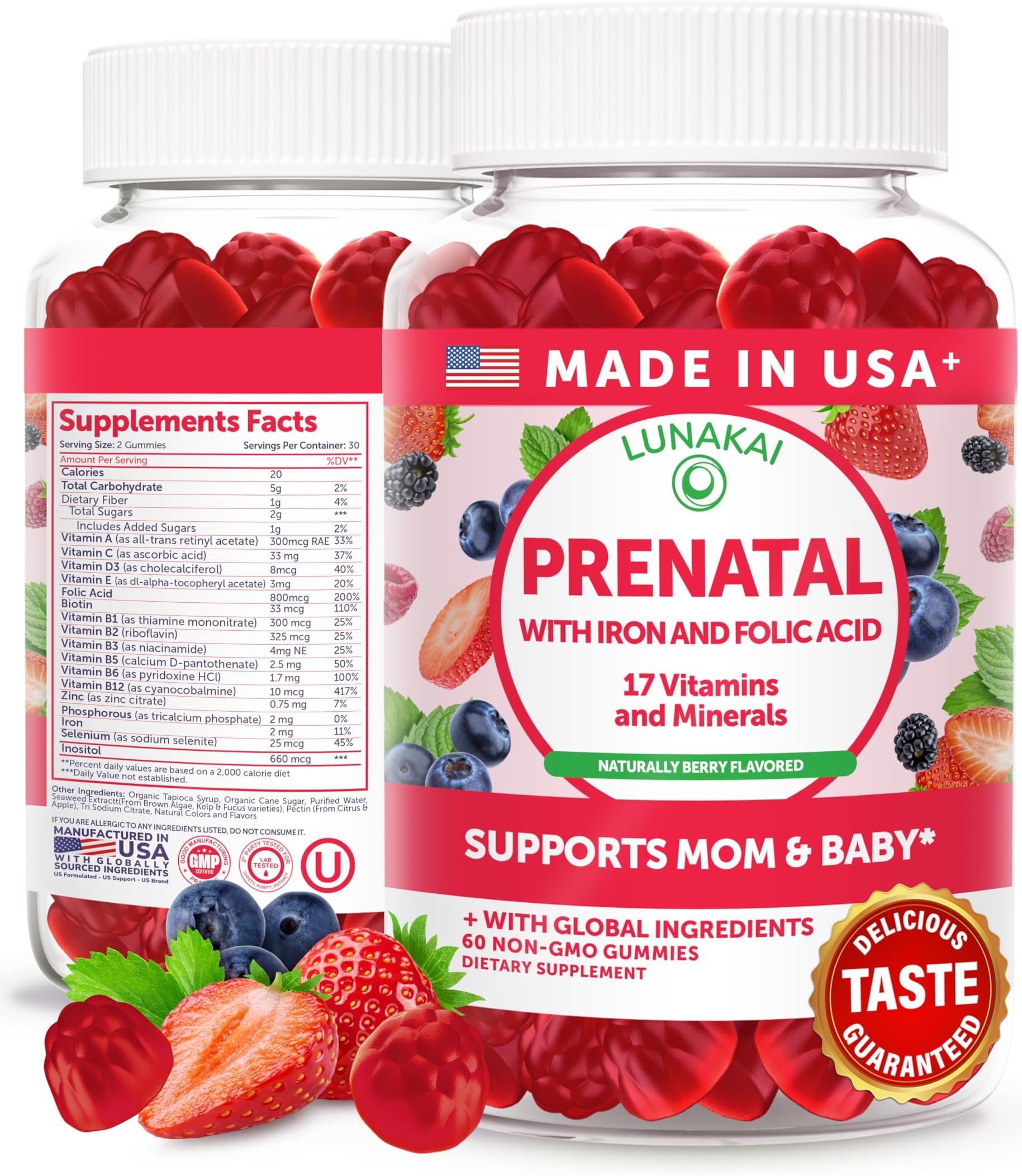 USA Made 17-in-1 Prenatal Vitamins for Women with Iron & Folic Acid – Delicious Daily Prenatal Gummies for Maternal Wellness Support, 60ct