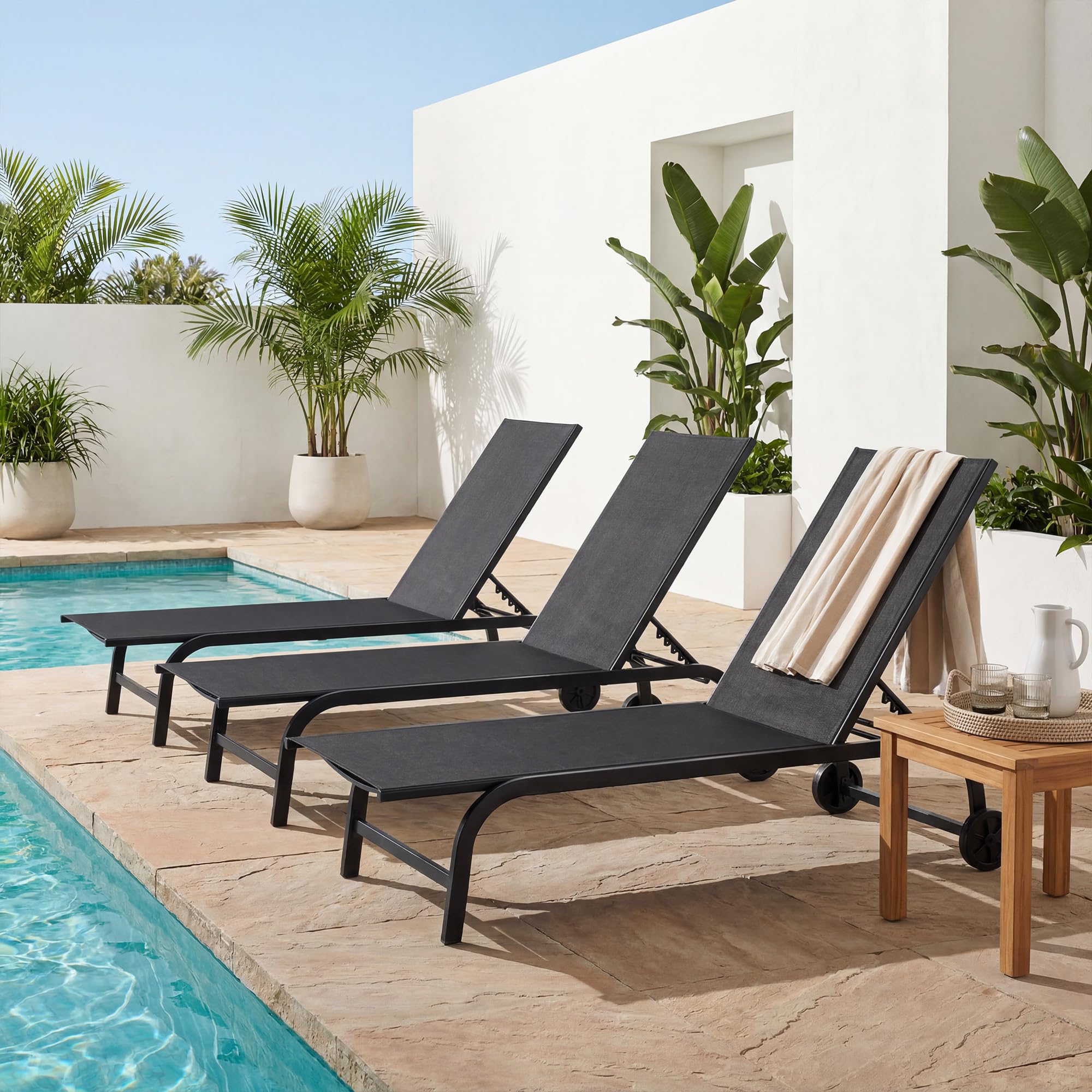 KOMFOTTEU Juego de 1/2 Tumbona de Jardín con Ruedas, Tumbona de Tela con Respaldo Ajustable en 6 Posiciones, Silla Reclinable de Exterior, Carga 150 kg, para Balcón, Terraza, Piscina (Negro x 1)