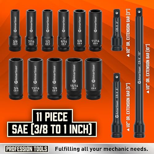 Miniatura 5 de Amartisan Juego de 29 llaves de vaso de impacto de 12 pulgada, 6 puntos, métricas estándar (0.394-0.945 in) y SAE (38" a 1") Cr-V con adaptadores y