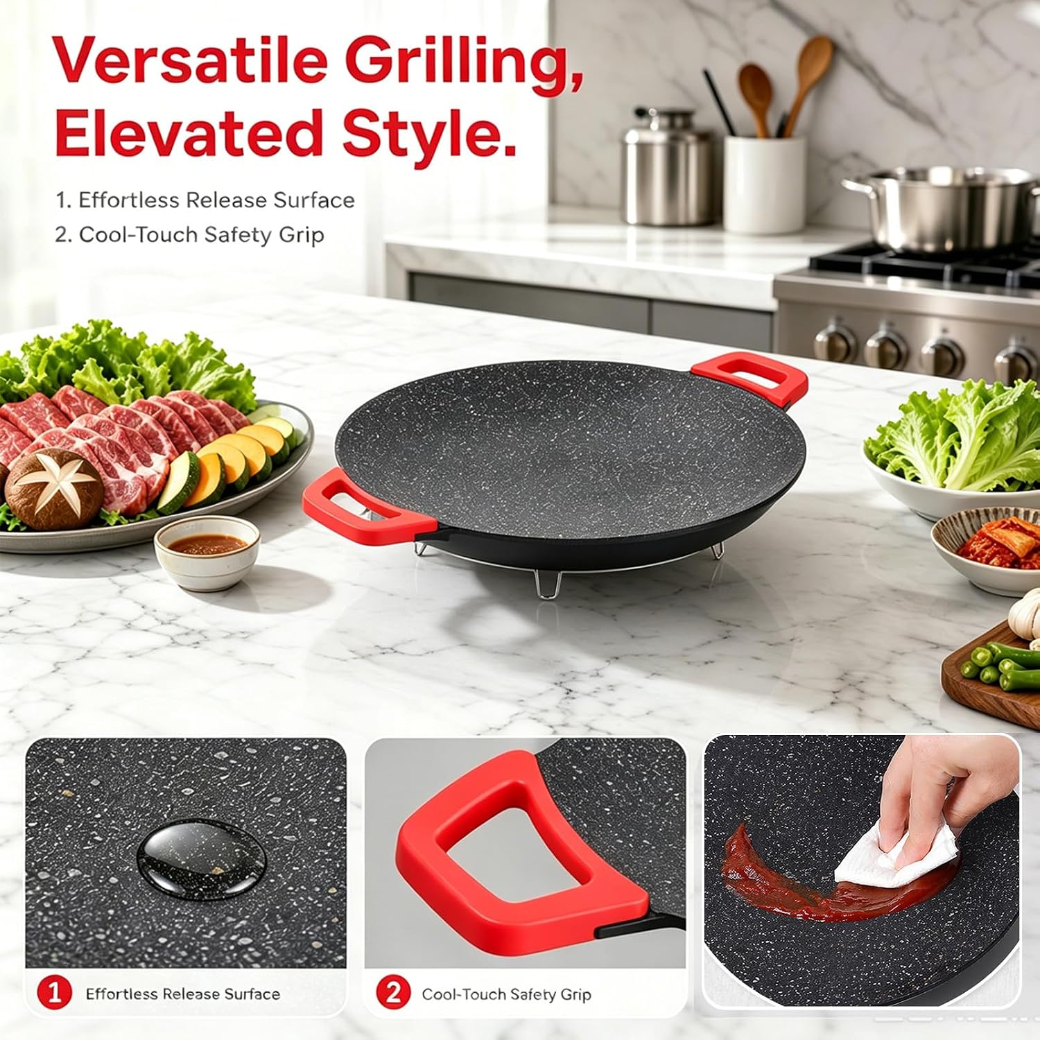 Electric Smokeless Indoor Grill, Nonstick, Korean Style Round, for Steaks, Pancakes and BBQ (11.8 inch)