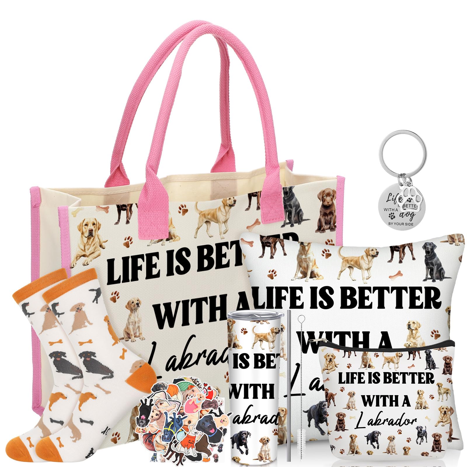 Patelai 56 Pcs Labrador Retriever Gift Set for Dog Mom, Tote Bag 20oz Stainless Tumbler Cosmetic Bag Sock Pillow Cover Keychain 50 Sticker for Women Labrador Lover Gift Dog Mothers Day Party Favors