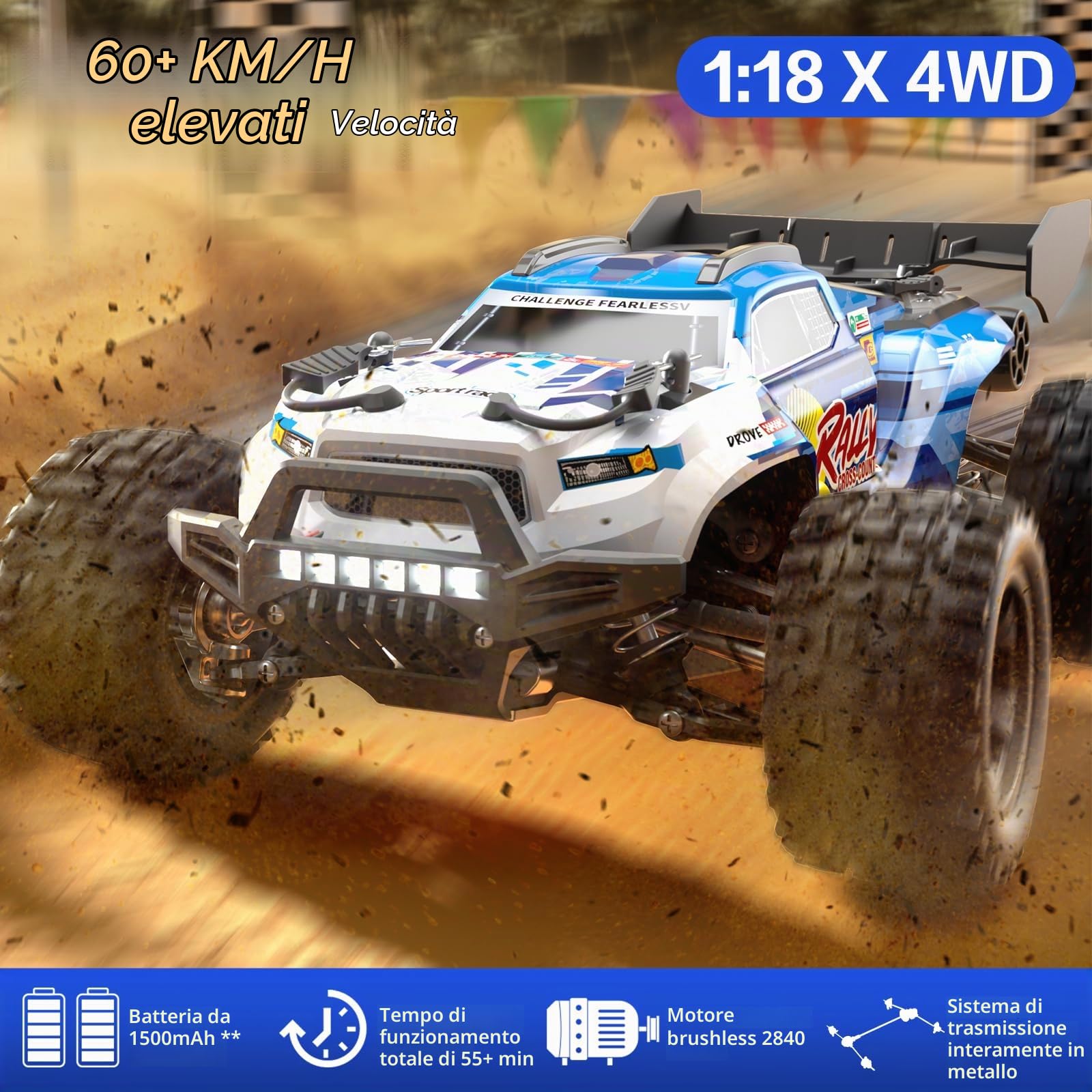 YONCHER 18101 PRO Macchina Telecomandata Professionale, 1:18 60KM/H Brushless RC Auto Telecomandate,Offroad 4WD Monster Truck per Adulti, 4x4 Camion 2 Batterie 50+ Minuti per Bambini