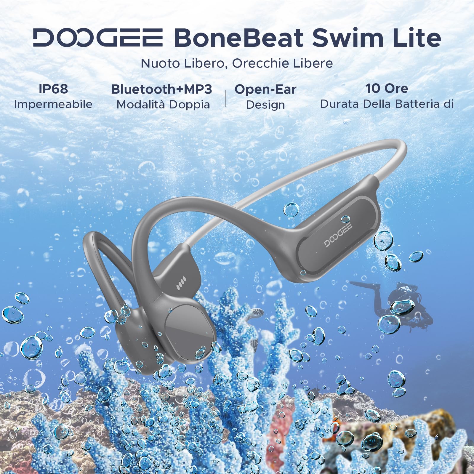 Cuffie a Conduzione Ossea, 10 Ore di Autonomia, IP68 Cuffie Sport Running Inalámbrico BT5.4 con Auricolari Aperti e Doppia Modalità MP3 da 32GB per Ciclismo, Nuoto Sott'acqua, Fitness