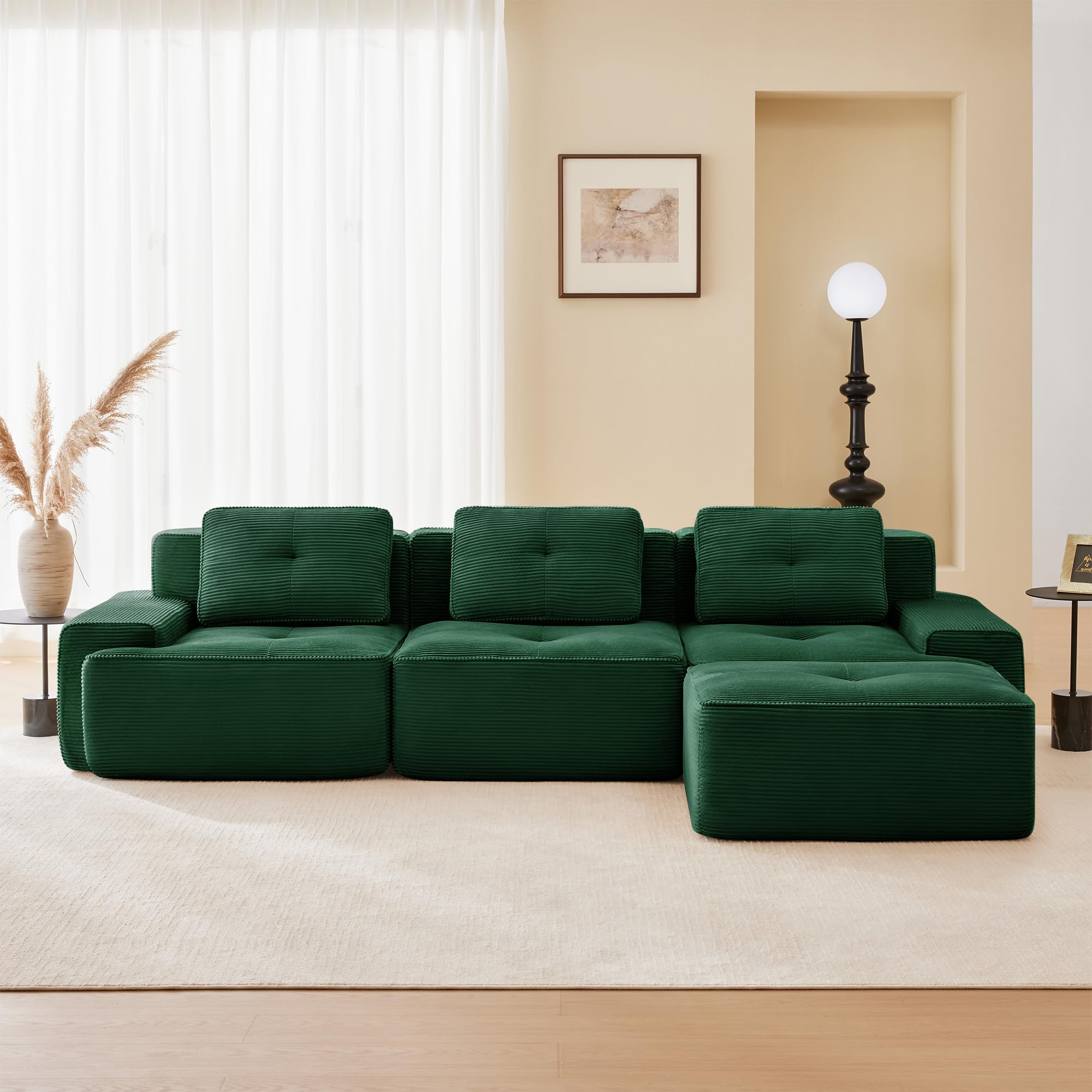 Dolamaní Boneless Sofá modular de 3 plazas + 1 taburete de pana, sin montaje, asiento profundo, moderno en forma de L, sofá esquinero para salón, dormitorio, oficina, apartamento (verde)