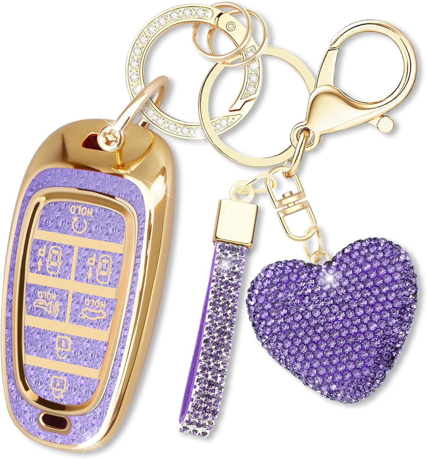 Fit for Hyundai Key Fob Cover with Diamond Keychain, Compatible with Hyundai 2024 2023 2022 Sonata Santa Fe Nexo Tucson Palisade Smart Key Protector for Women (7 Buttons, Purple)