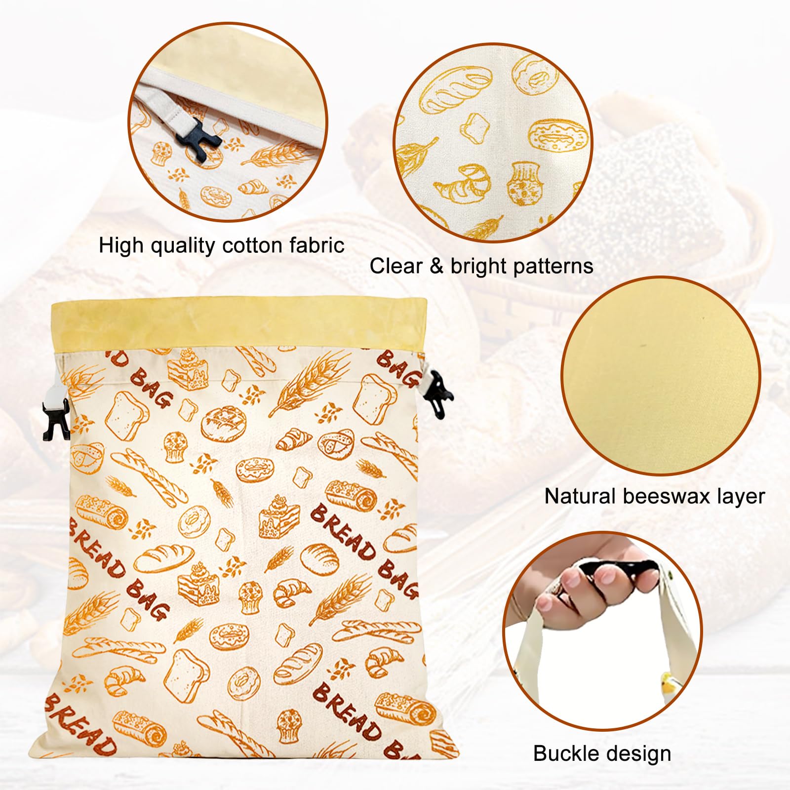 2 sacchetti riutilizzabili in cera d'api per il pane, 43 x 33 cm, in cotone, sacchetti per il pane con panno di cera d'api, fodera interna, grande borsa per il pane, lavabile per pane e prodotti da