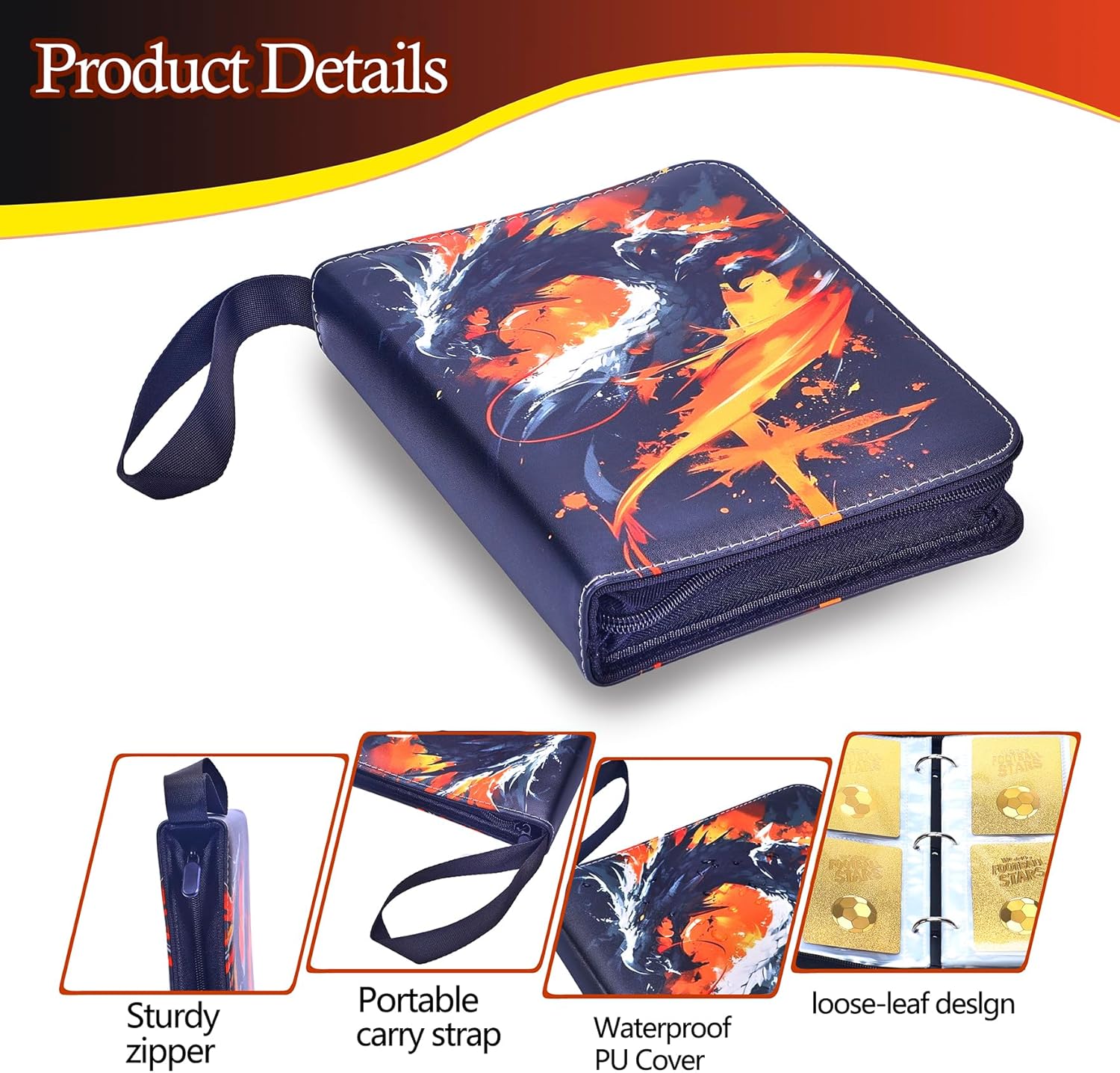Trading Card Binder 4 Pocket with 50 Removable Sleeves, 400 Pockets Card Holder with Zipper & Wrist Strap, Card Album for Boys Teens, Fits TCG, Anime, Game, Sports Cards (Orange & Black, 4-Pocket)