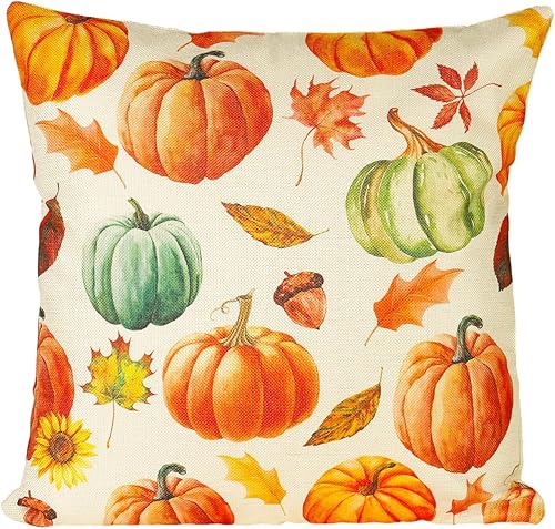 Gesyesor Fundas de almohada decorativas de otoño de 18 x 18 pulgadas, calabazas, hojas de arce, casa de campo, lino otoñal, fundas de almohada para