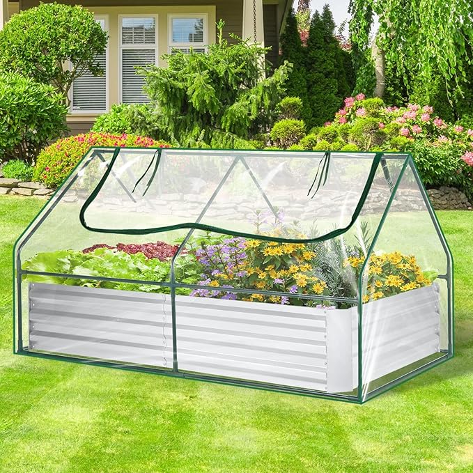 This raised garden bed also comes with a cover that can be easily attached to create a mini greenhouse. The cover features 2 large zipper windows that provide easy access to your plants while also allowing for ventilation. This dual-use feature allows you to extend your growing season and protect your plants from harsh weather conditions.