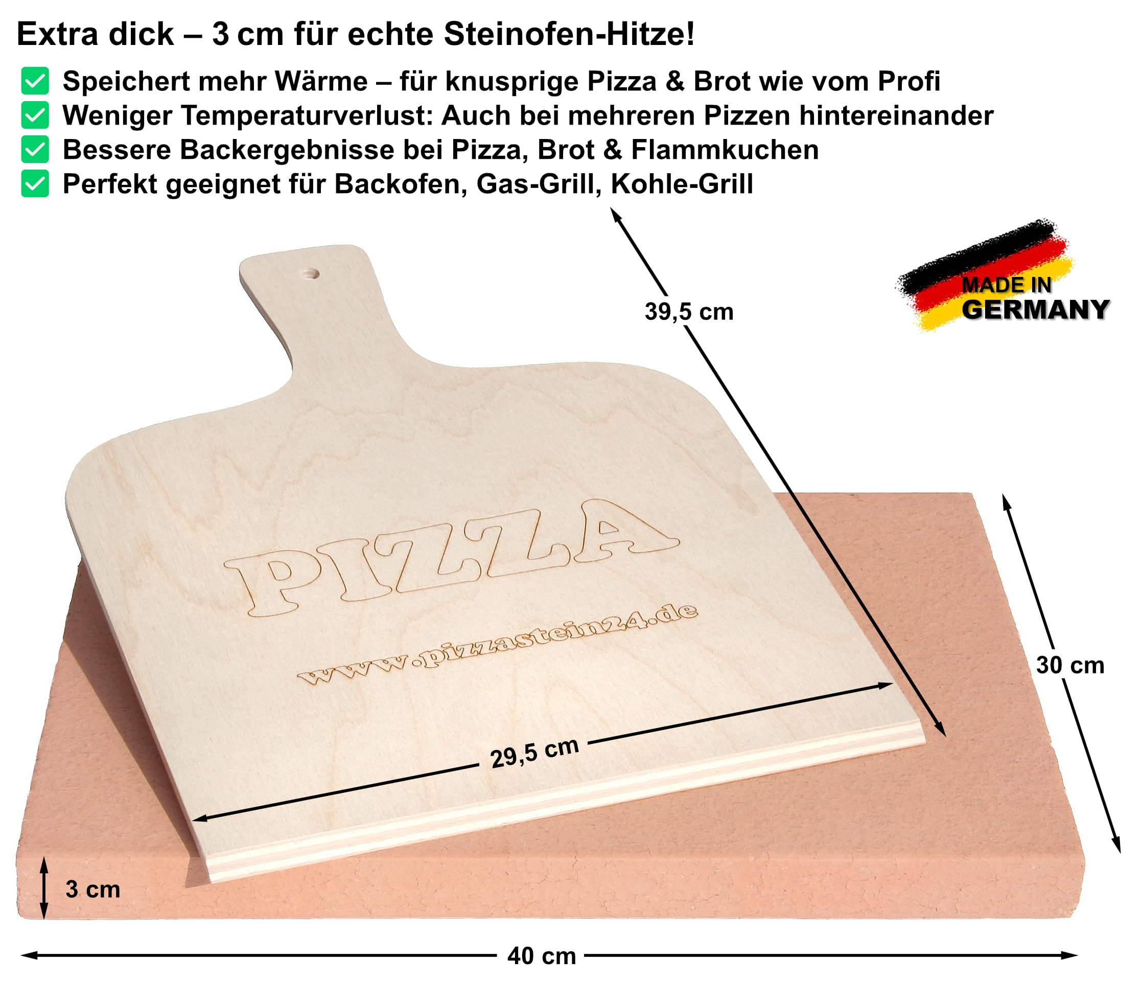 Pizzastein & Brotbackstein 40x30x3cm | Schamotte eckig für Backofen & Grill | Set mit Pizzaschaufel. Extra dicker, lebensmittelechter 3cm Stein für perfekte Hitzespeicherung. Pizza & Brot wie vom Profi
