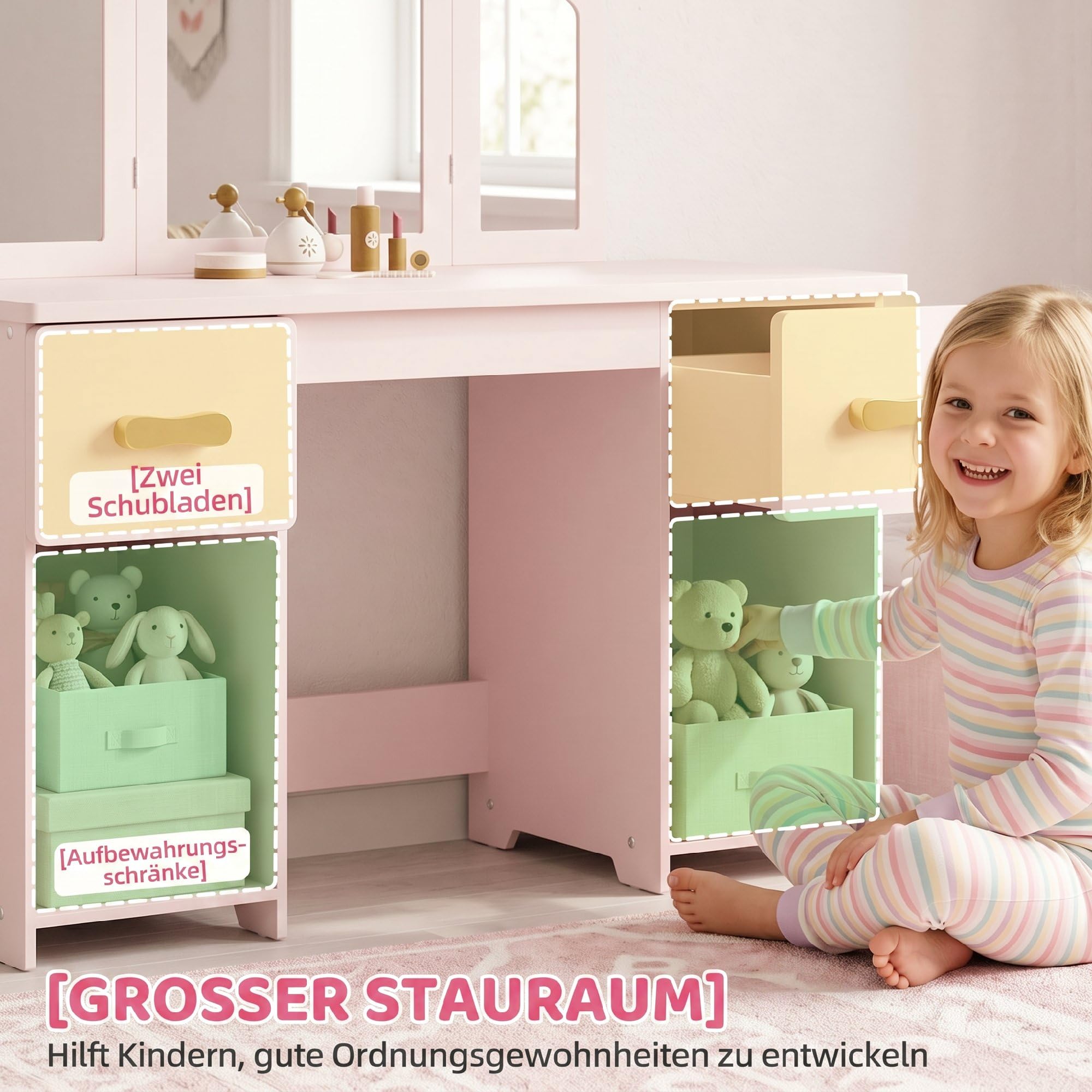 AIYAPLAY Schminktisch Kinder 2 in 1 Kinderschminktisch Mädchen ab 3 Rosa