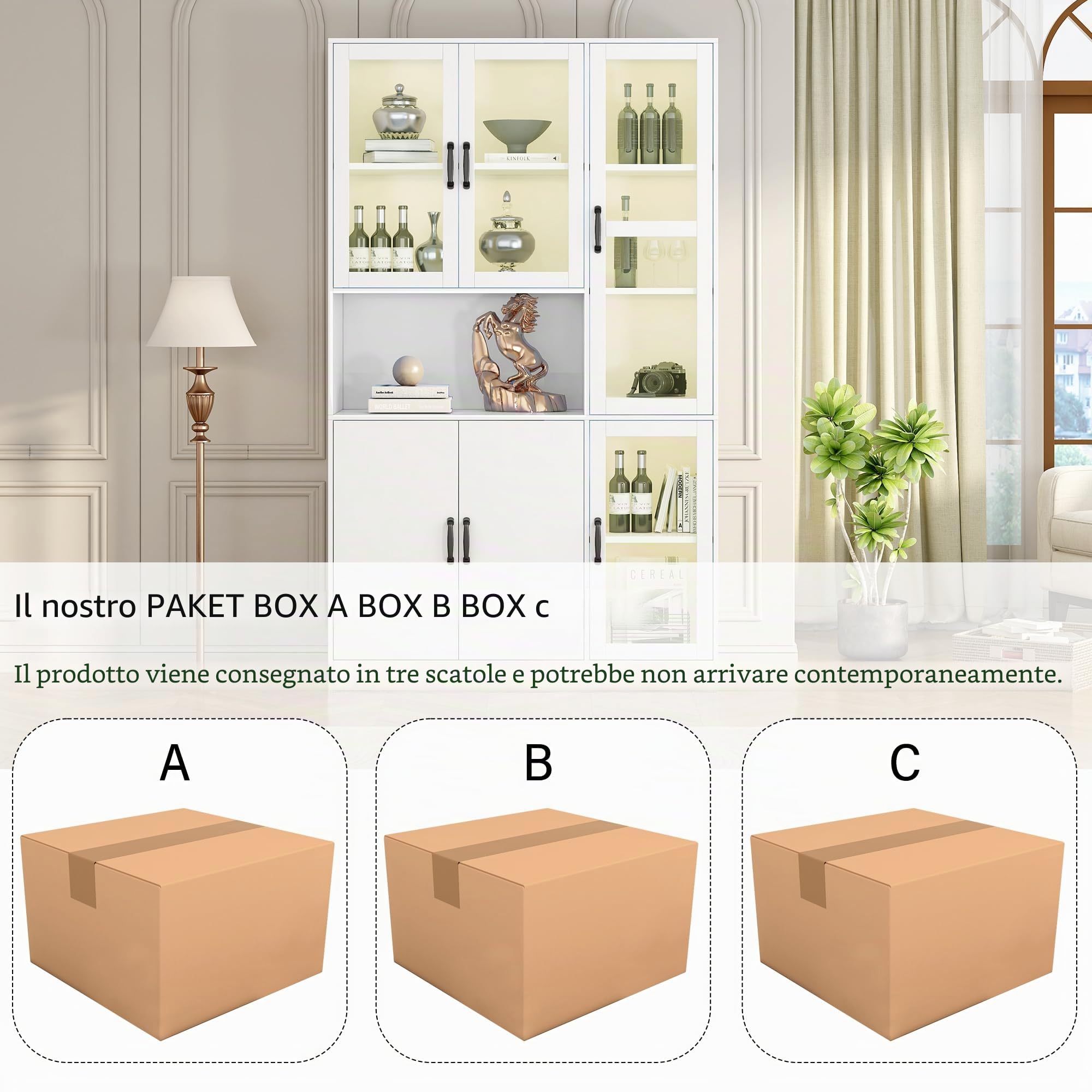 Kebnor Vetrina bianca, scaffali con ante, scaffali da terra per libri, credenza da cucina grande, armadio dispensa, scaffale di lusso con luce LED, armadio vetrina con ripiani (120 x)