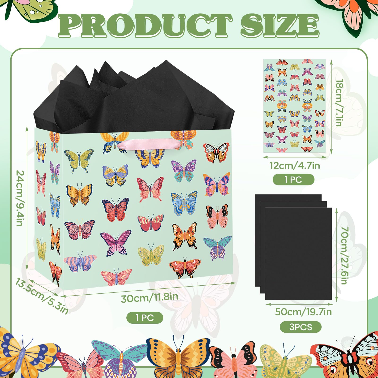 Butterfly Gift Bags for Girls Women Mint Green Butterfly Birthday Gift Wrap Bags with Handle Tissue Papers Greeting Card for Baby Shower Spring Easter Wedding Party Favors Goodie Wrapping Bag Supplies