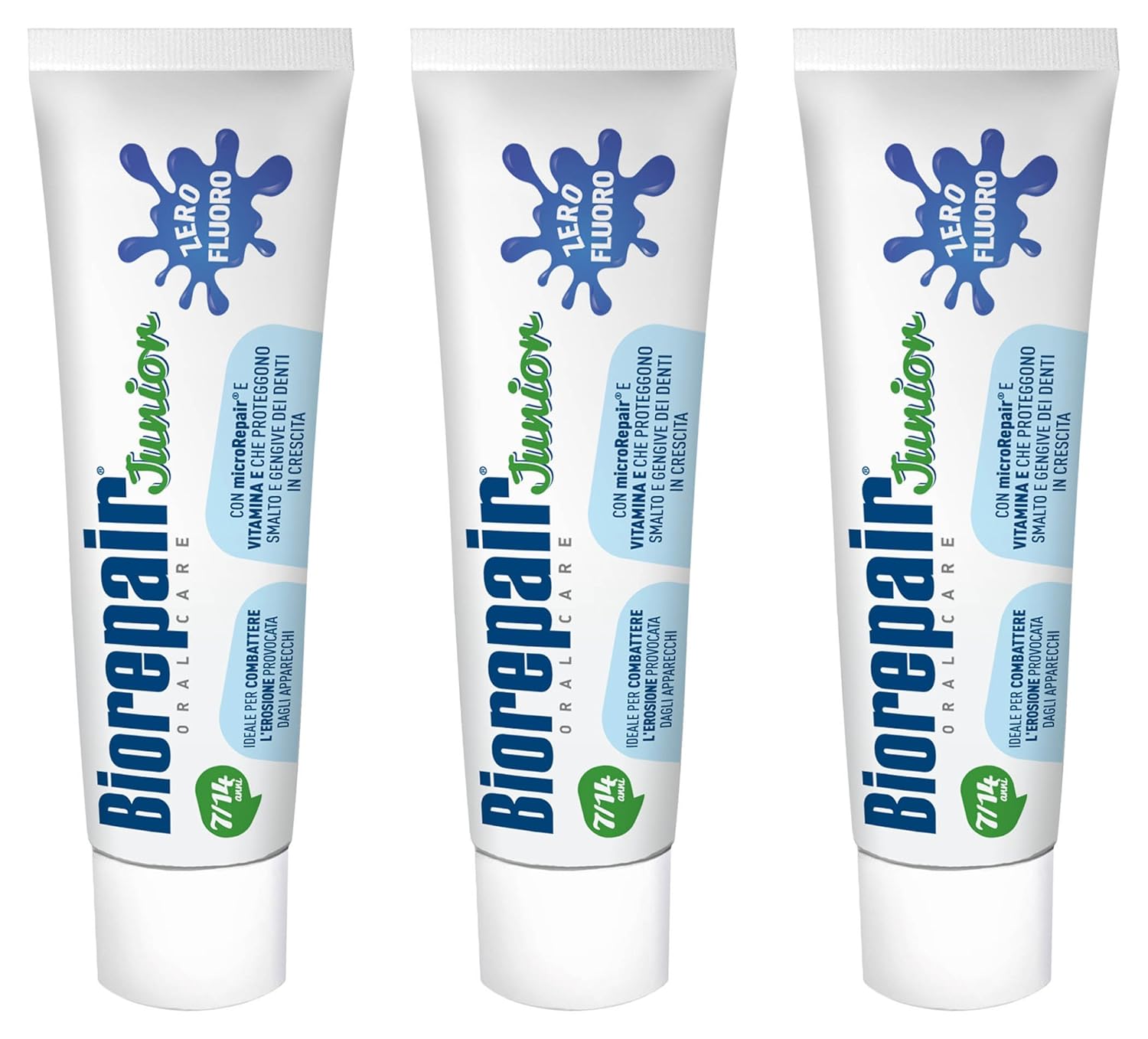 Biorepair: Oral Care Junior 7-14 Years Toothpaste, Fluoride Free, with Mint Extract - 2.53 Fluid Ounces (75ml) Tubes (Pack of 3) [ Italian Import ]