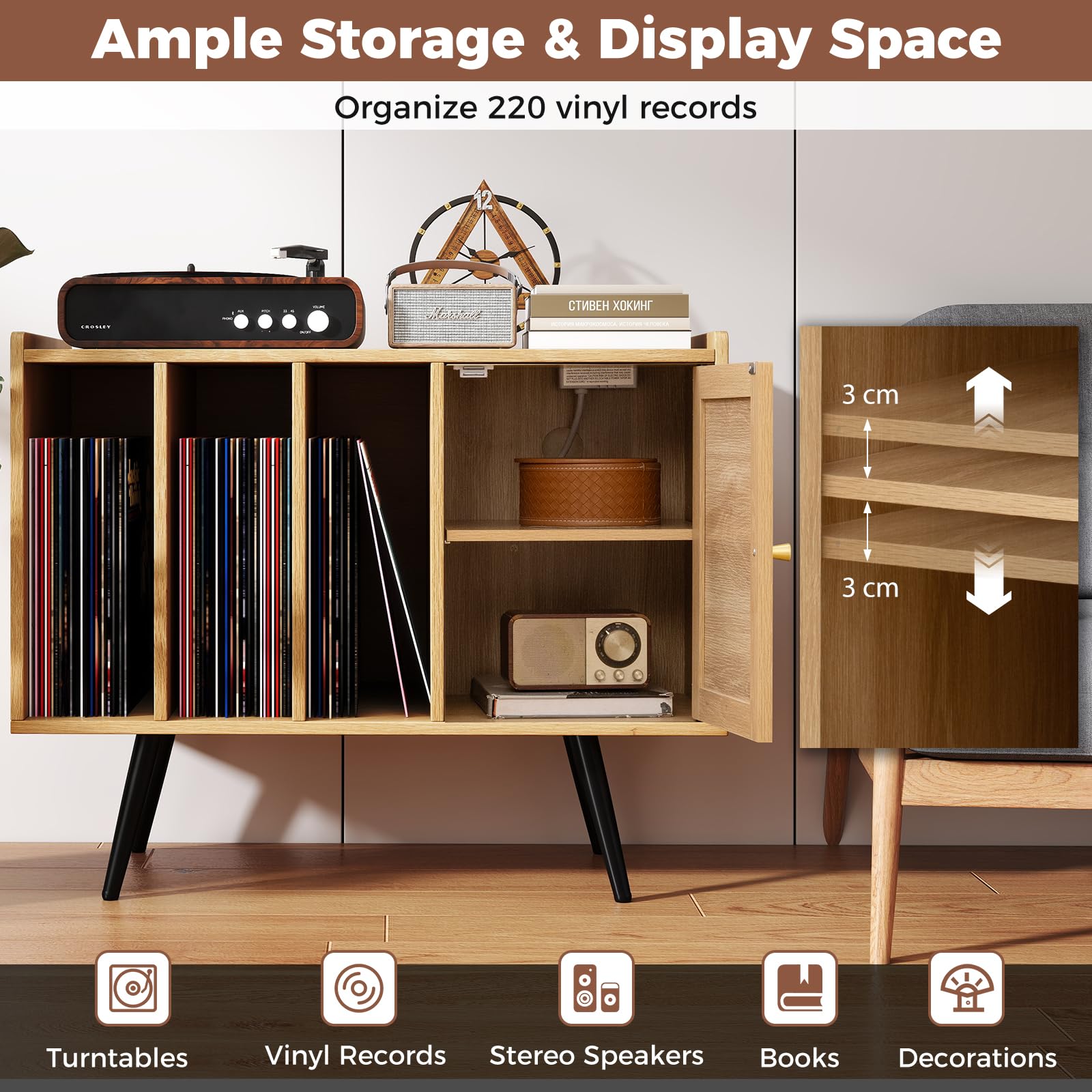 KOMFOTTEU Soporte para Tocadiscos con Estación de Carga, Mueble para Discos de Vinilo con 3 Estantes Abiertos y Armario con Puerta de Ratán, Mesa Auxiliar para Álbumes con Estante Ajustable (Natural)