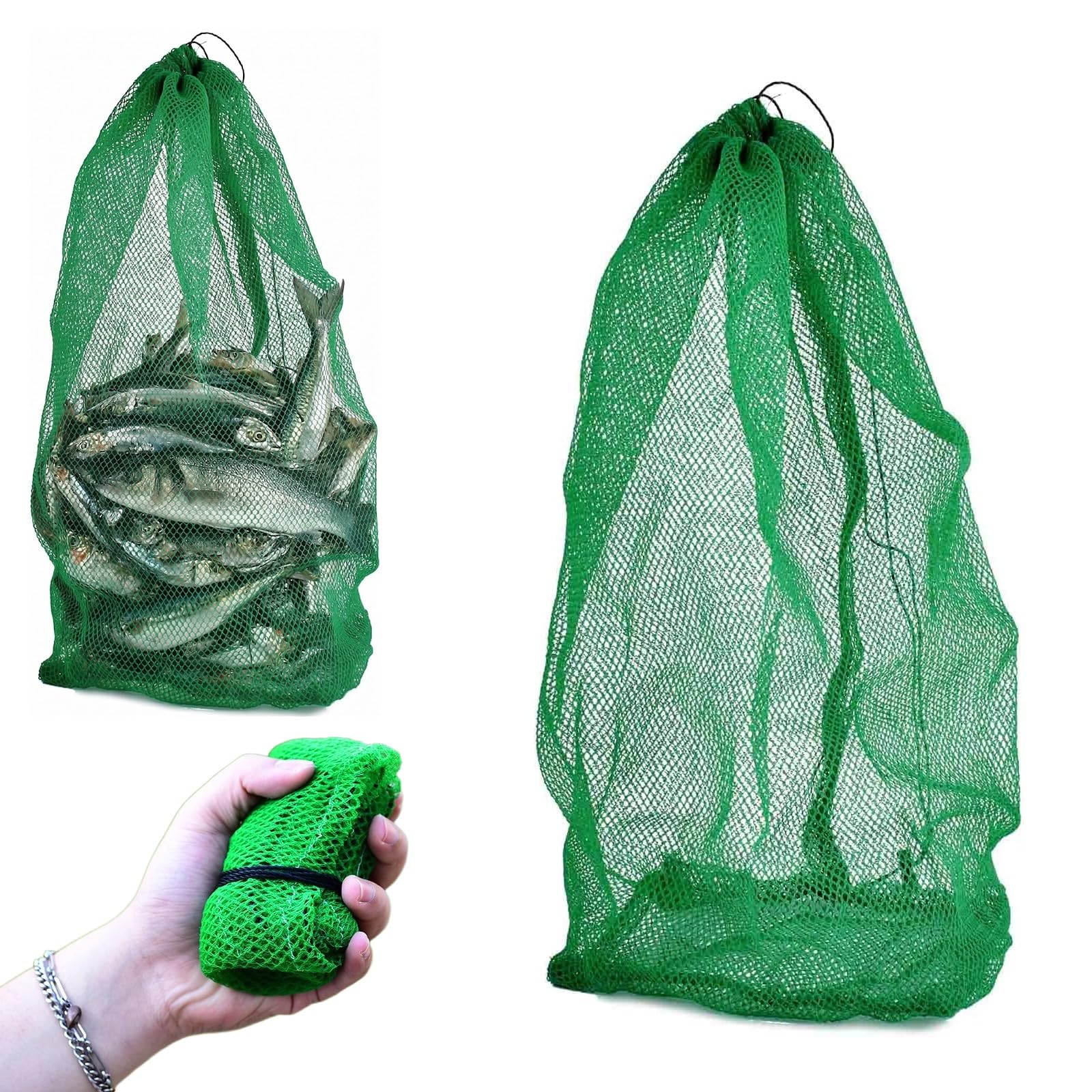 Bourriche Peche 80x50cm, Sac Soluble Peche Carpe, Filet Peche en Nylon Vert Renforcé, Sac de Conservation Poisson Pliable et Séchage Rapide, Nasse à Poisson Multifonctionnelle