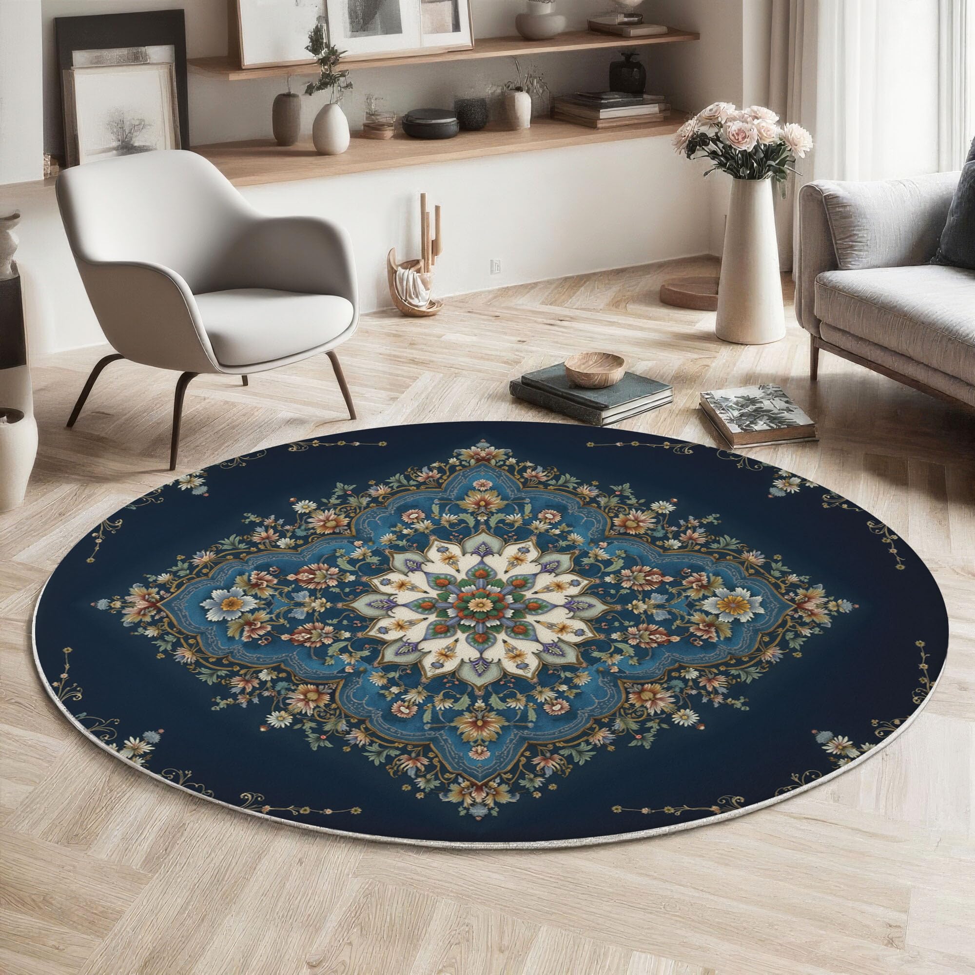 Tapis Rond 120cm Lavable Machine, Moquette Antidérapante Poil Bas Style Style de Tapis Persan, Motif Motif Floral géométrique Doux pour Salon, Chambre, Cuisine, Nursery, Bureau Bleu foncé