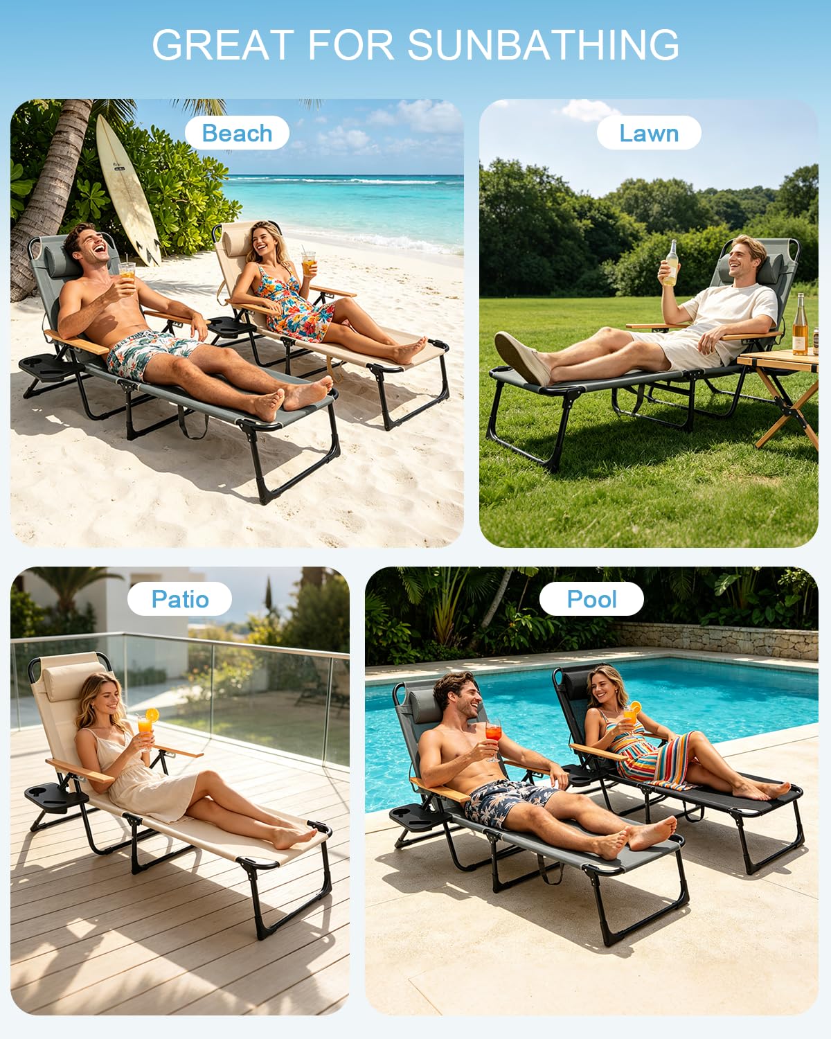 Sonnenliege Klappbar mit Kopfkissen, Gartenliege Wetterfest, Klappbare Strandliege Campingliege mit Holzarmlehnen, Liegestuhl für Balkon, Garten, Pool & Strand, bis 150kg (Grau)